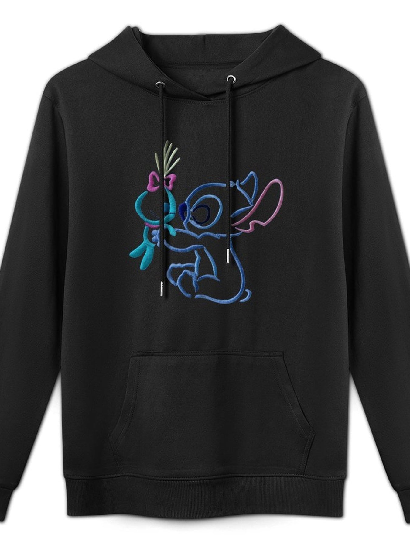 Disney Men's Black Retro Pullover Hoodie with Stitch & Angel Embroidery Art & Disney Friends Digital Print, Soft Regular Fit Casual Sweatshirt, Machine Washable, Front Pockets, Disney Hoodie, Durable Fabric