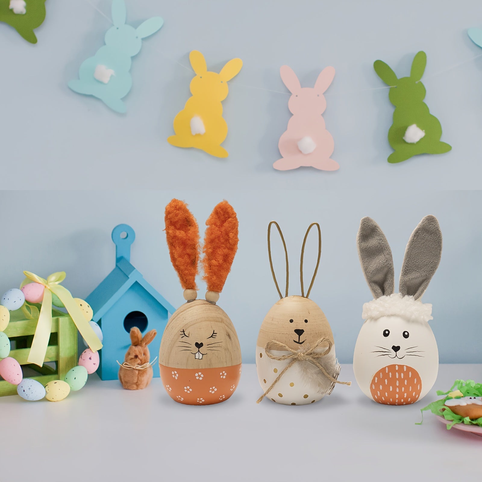 [Wooden Easter Decor] Wooden Decorative Easter Egg Decor, Easter Bunny Eggs Figurine, Indoor Spring Table Centerpieces Shelf Fireplace Mantel Desk Tiered Tray Decorations For Home
