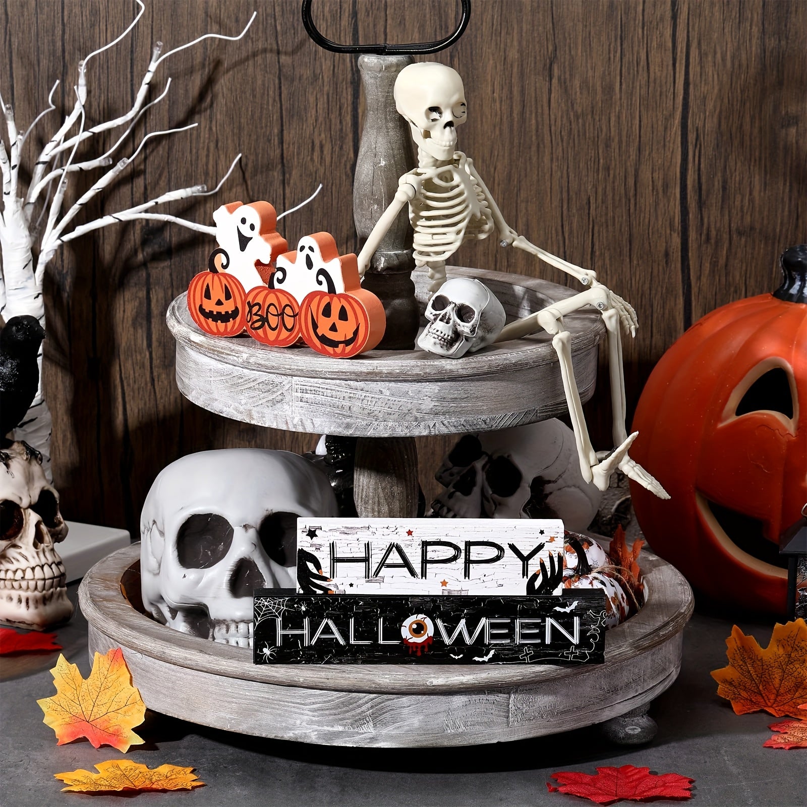 Happy Halloween Wooden Sign Centerpiece Pumpkin Ghost Eyeball Table Top Decor Spooky Rustic Freestanding Boo Tier Tray Halloween Decor Rustic Wood Block Plaque For Home Fireplace
