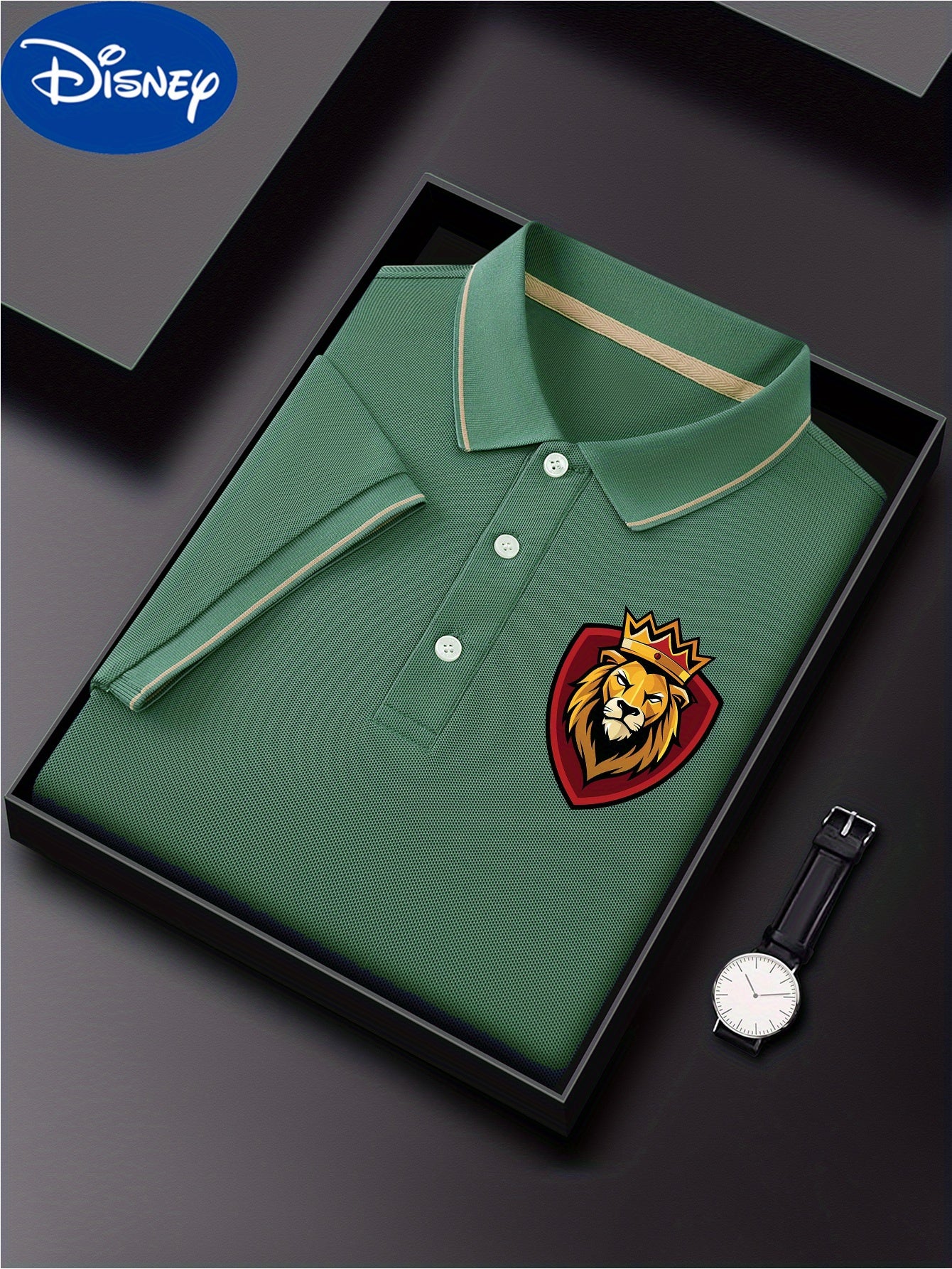 Disney Men's Classic Shirt with Simba Lion King Print - Lightweight Quick-Dry Breathable Polyester, Short Sleeve Collar, Premium Casual Business Casual Style, Vibrant Green with Red Shield Emblem & Golden Crown - Summer Casua