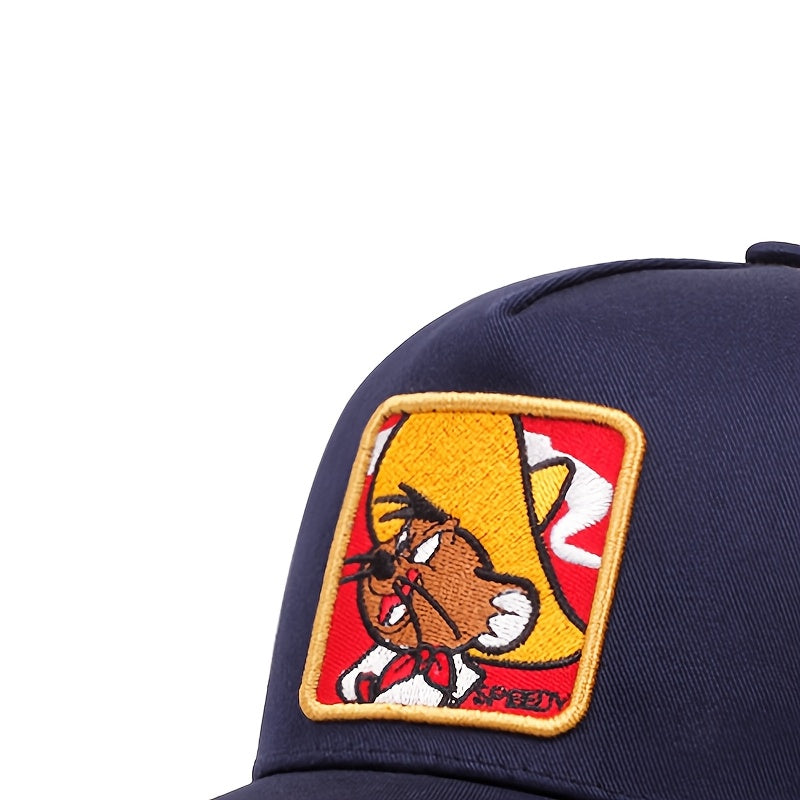 Navy Blue Cartoon Character Baseball Cap - Lightweight Polyester Mesh Trucker Hat with Sun Protection, Adjustable Snapback Closure for Casual Wear