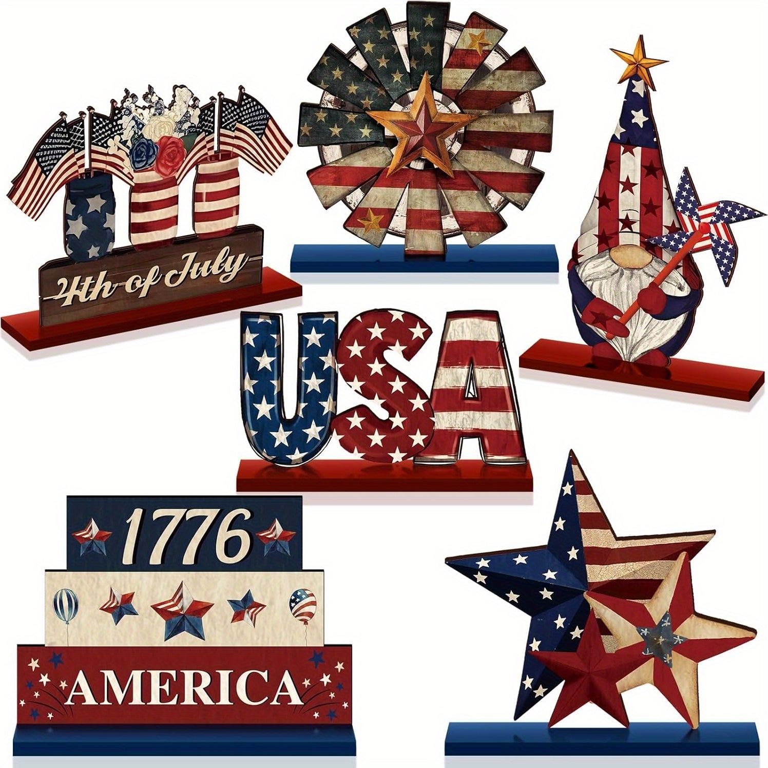 Anniversary and 4th of July Wooden Desktop Decor- Patriotic Country Style Centerpiece, Including Star, Stripe Patterns& Uncle Sam& 1776 Designs, Natural Wood Tiered Tray for Home Office Kitchen Shelf Decoration, Star-Shaped A