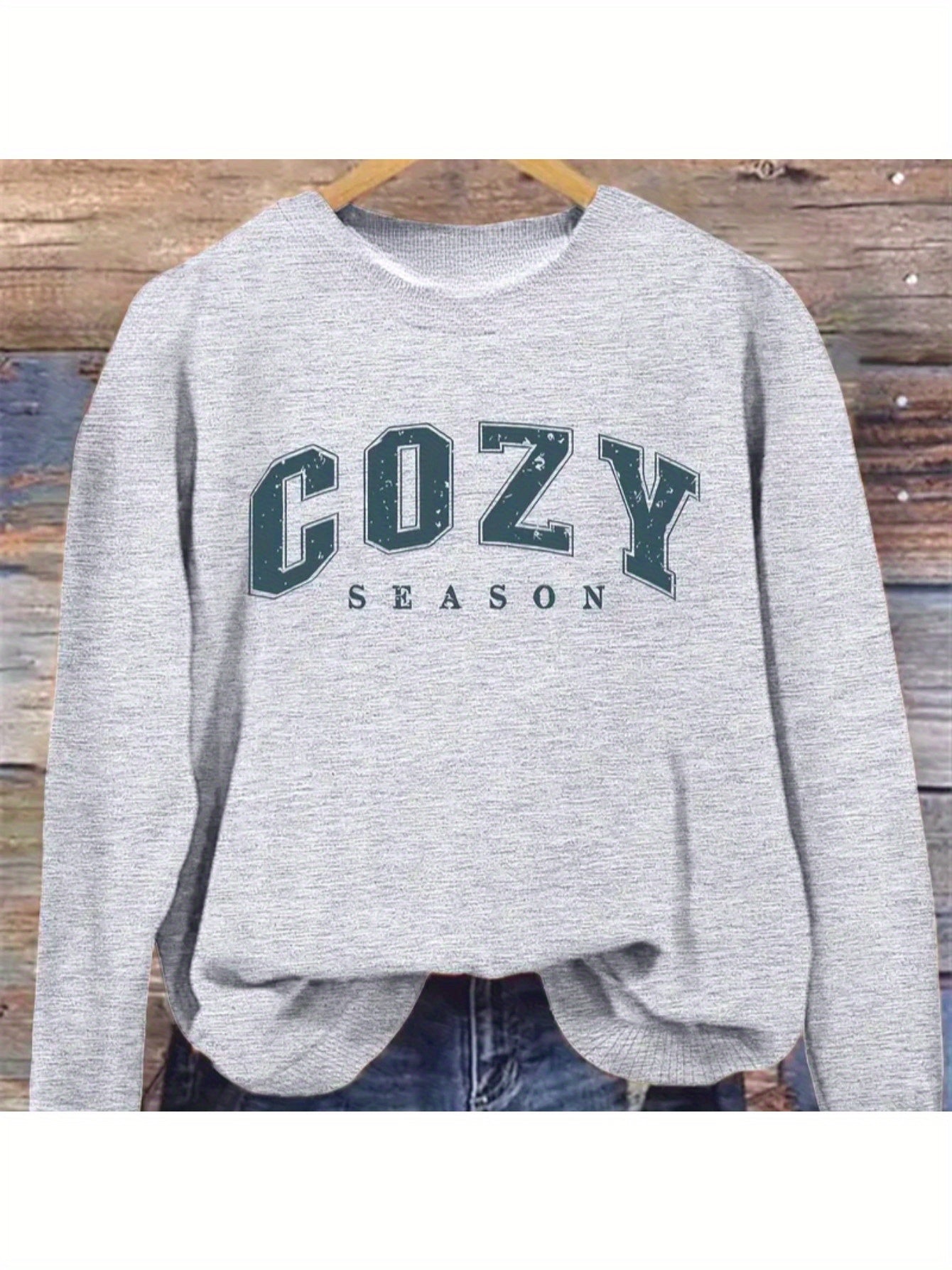 Women'S Casual Crew Neck Sweater, Alphabet Print Long Sleeve Pullover for Autumn/ Winter, Knit Grey Sweatshirt