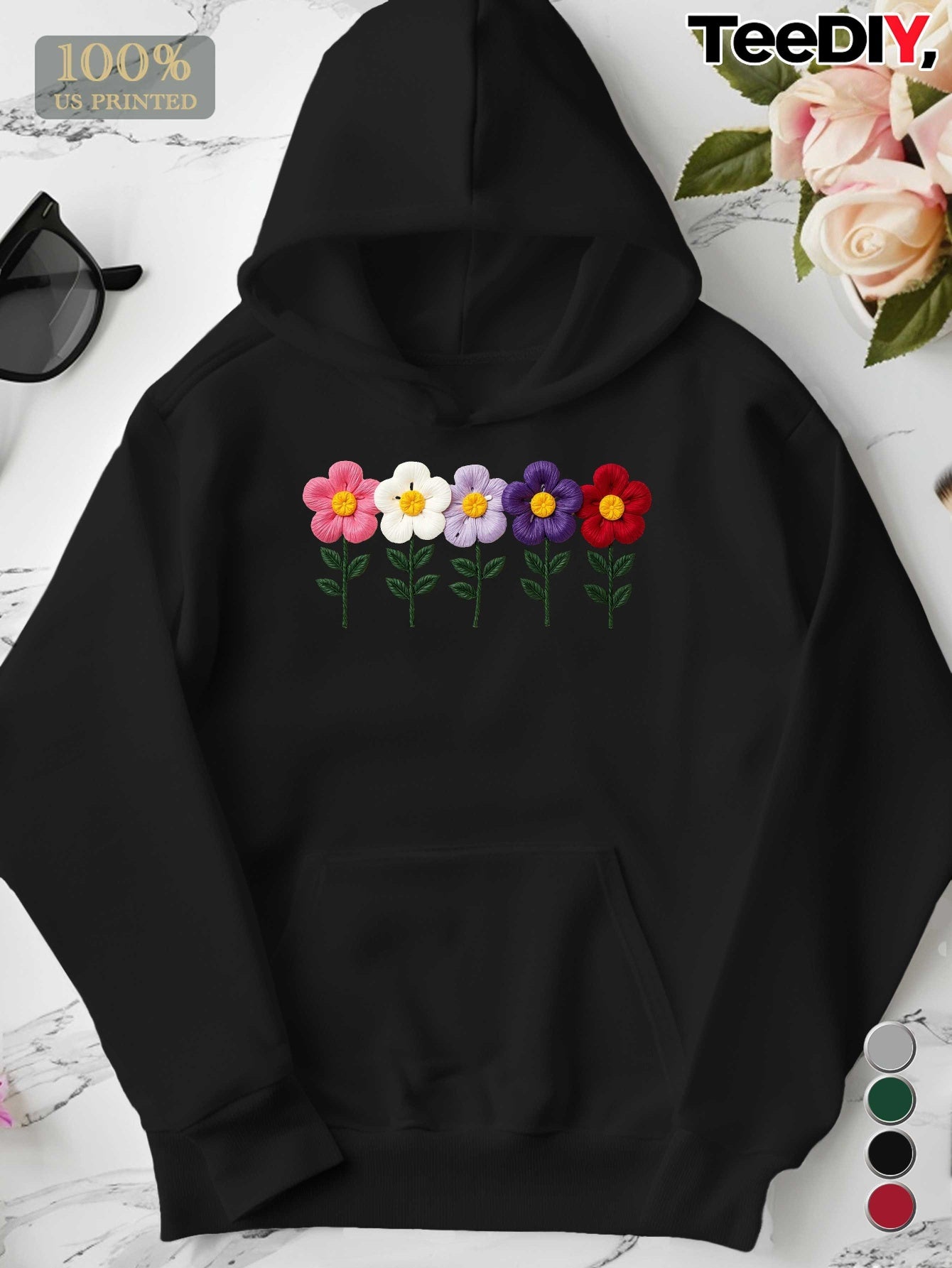 Embroidered Colorful Flowers Row Women'S Plus Size Hoodies