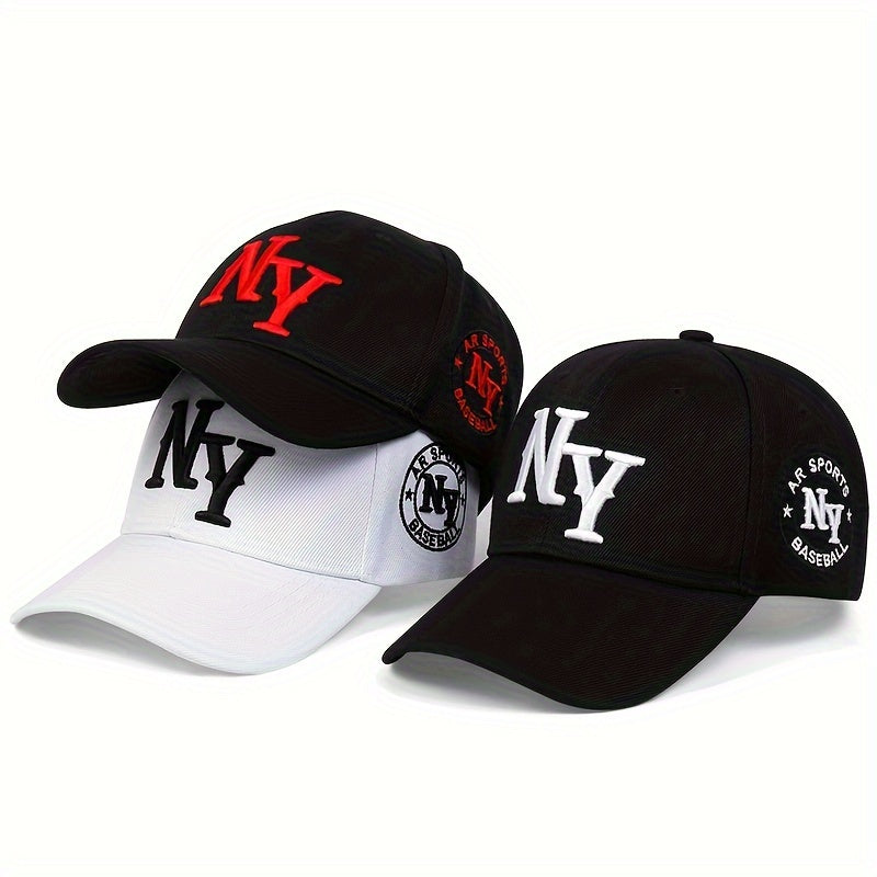 Men'S NY Embroidered Baseball Cap, Adjustable Sun Protection Casual Hat for Spring/Summer, Graphic Outdoor Travel Beach Vacation Cap, Polyester Fiber, Woven, Hand Wash, Buckle Closure