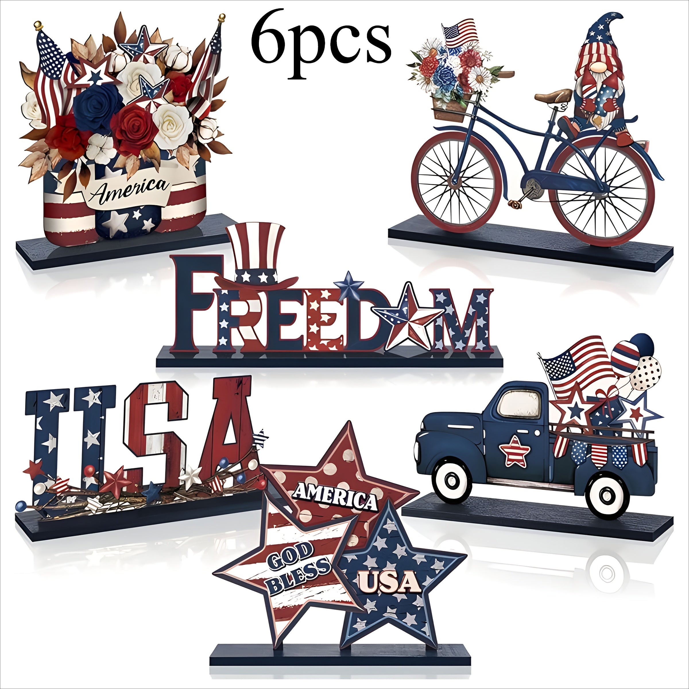 2D Flat Collectible Vehicles 6pcs Patriotic Wooden Tabletop Decorations, American Flag-Themed 2D Flat Wood Crafts, Non-Electric, Battery-Free, for Home, Kitchen, Bookshelf, Dining Table Display, Farmhouse Decor, 2D Flat