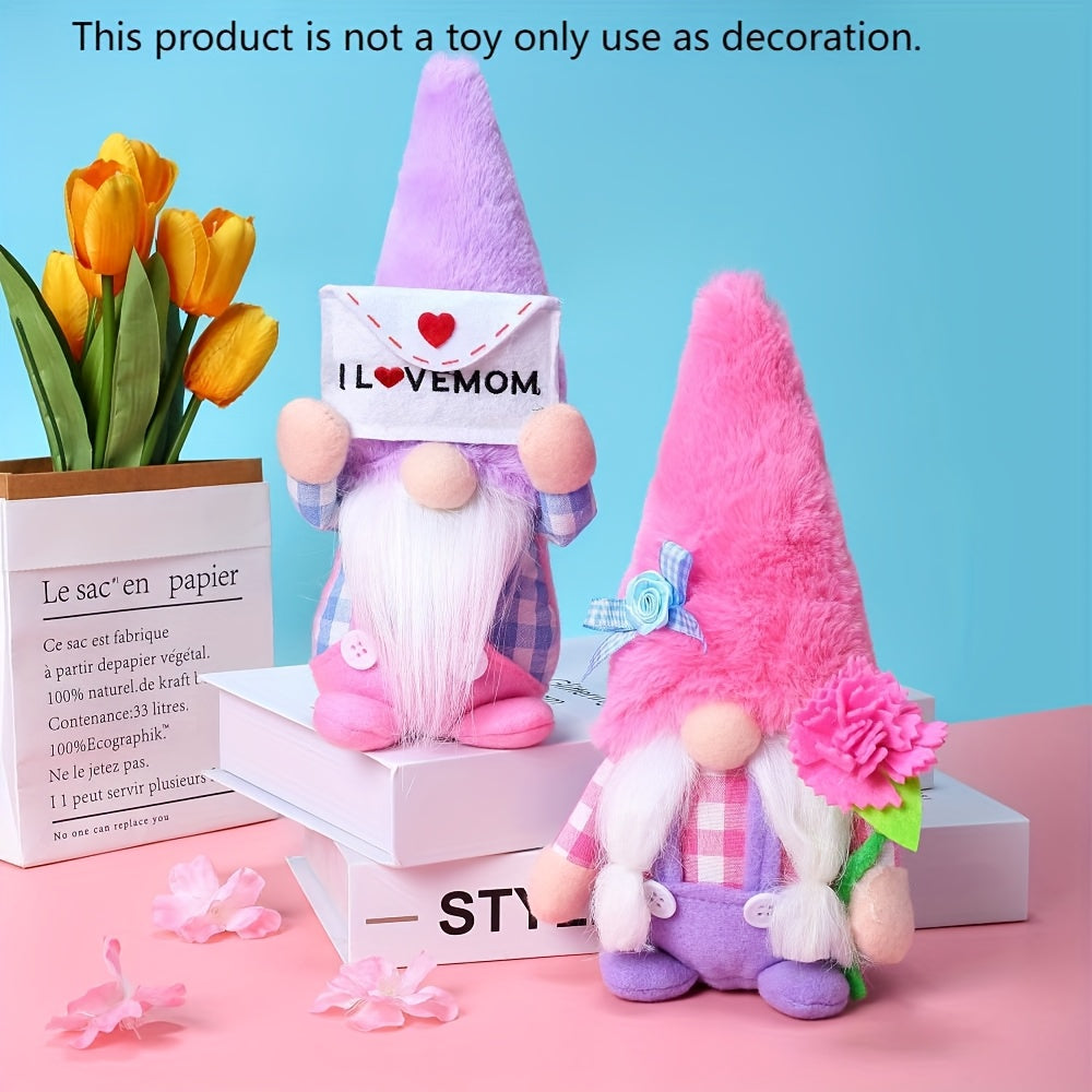 Mother'S Day Spring Summer Decoration Plush Gnome Ornament Set, Pink Flower Envelope Men'S And Women'S Gnome Indoor Desktop Window And Door Party Decoration