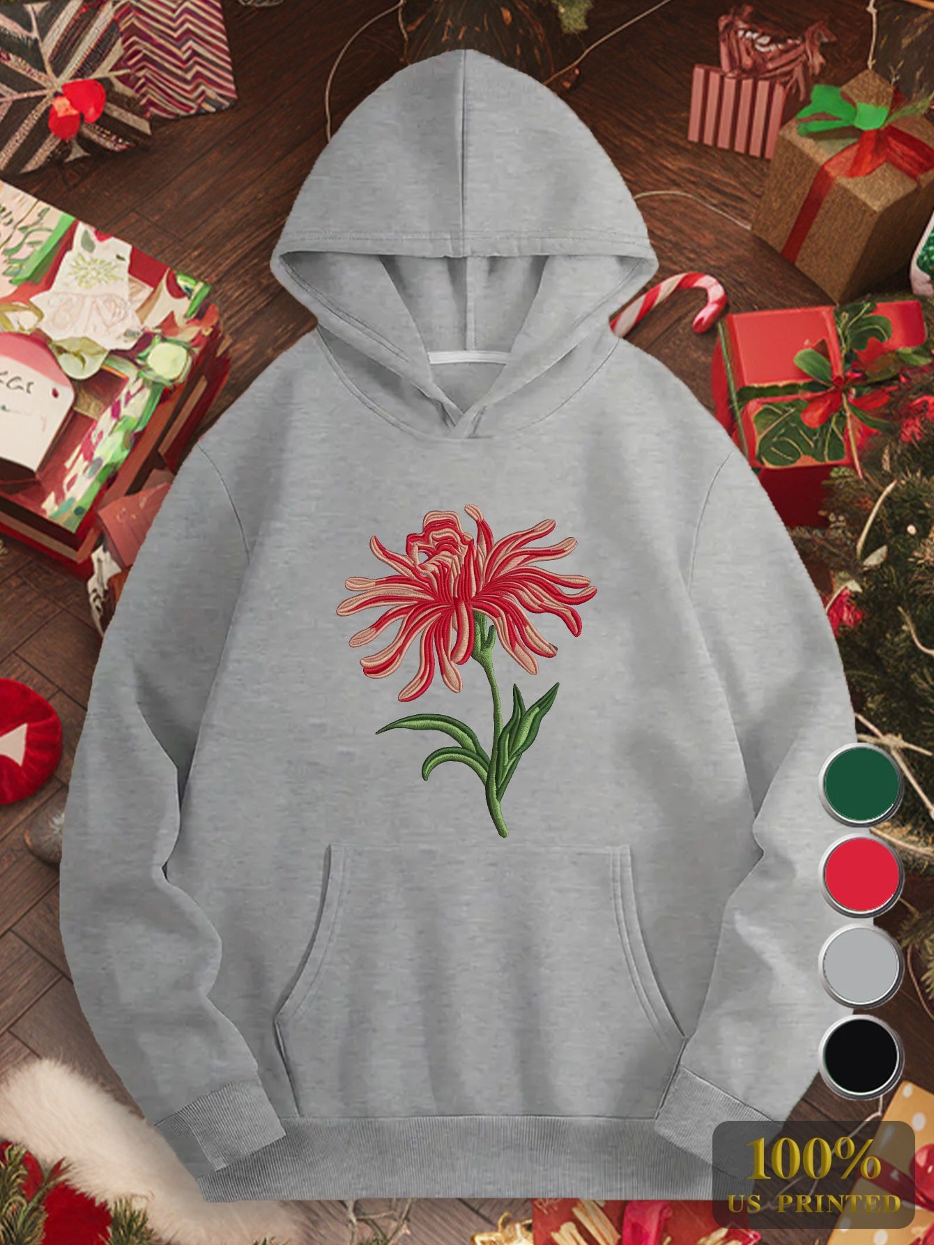 Red flower embroidery design Women's plus size hoodies