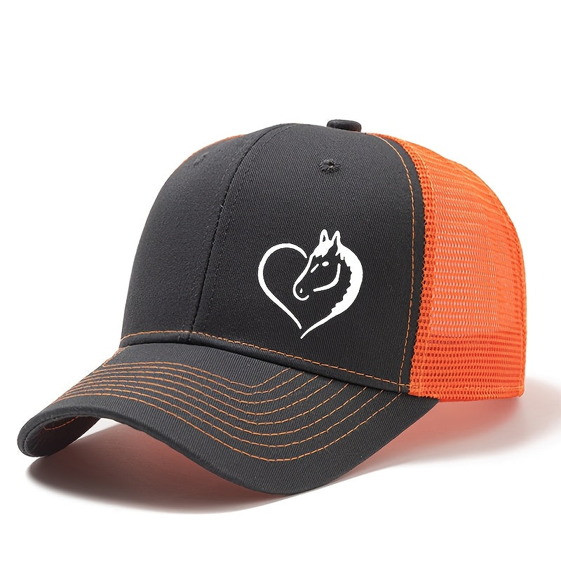 Fashionable Outdoor Sunshade Baseball Cap with a Heart And Horse Pattern, Suitable for Both Men And Women, Perfect for Casual Wear, Outdoor Parties, And Truck Drivers.