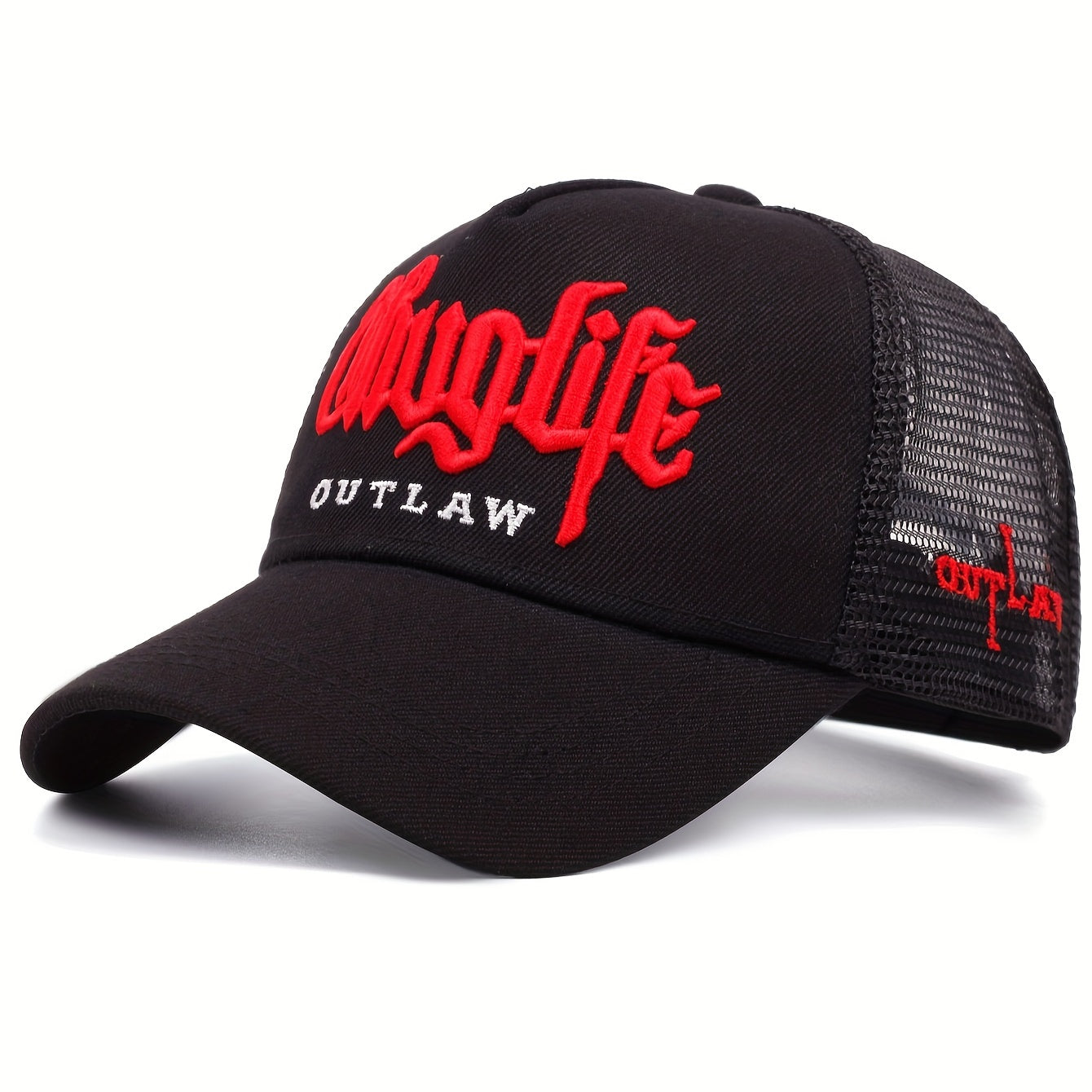 Cool Hippie Gothic Curved Brim Baseball Cap, 3D Embroidery Breathable Mesh Trucker Hat, Snapback Hat For Casual Leisure Outdoor Sports