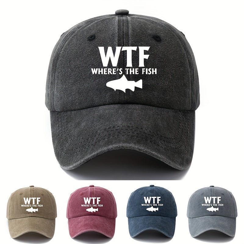 Unisex Embroidered Baseball Cap - WTF Where's The Fish, Polyester, Casual Style for Fishing, Camping, Hip-Hop, Dad Cap, Trucker Hat