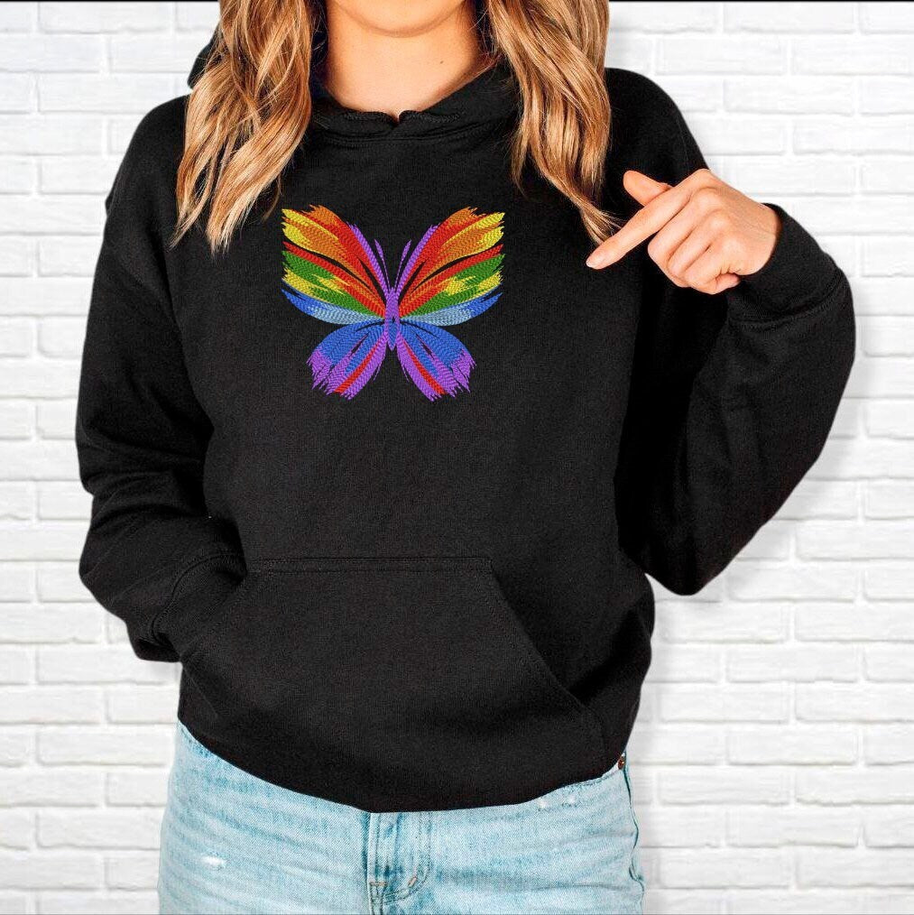 Rainbow Butterfly Embroidered Hoodie, Embroidered Butterfly Hoodie, Butterfly Hooded Sweatshirt Unisex, Butterfly Sweater Gift for Her!