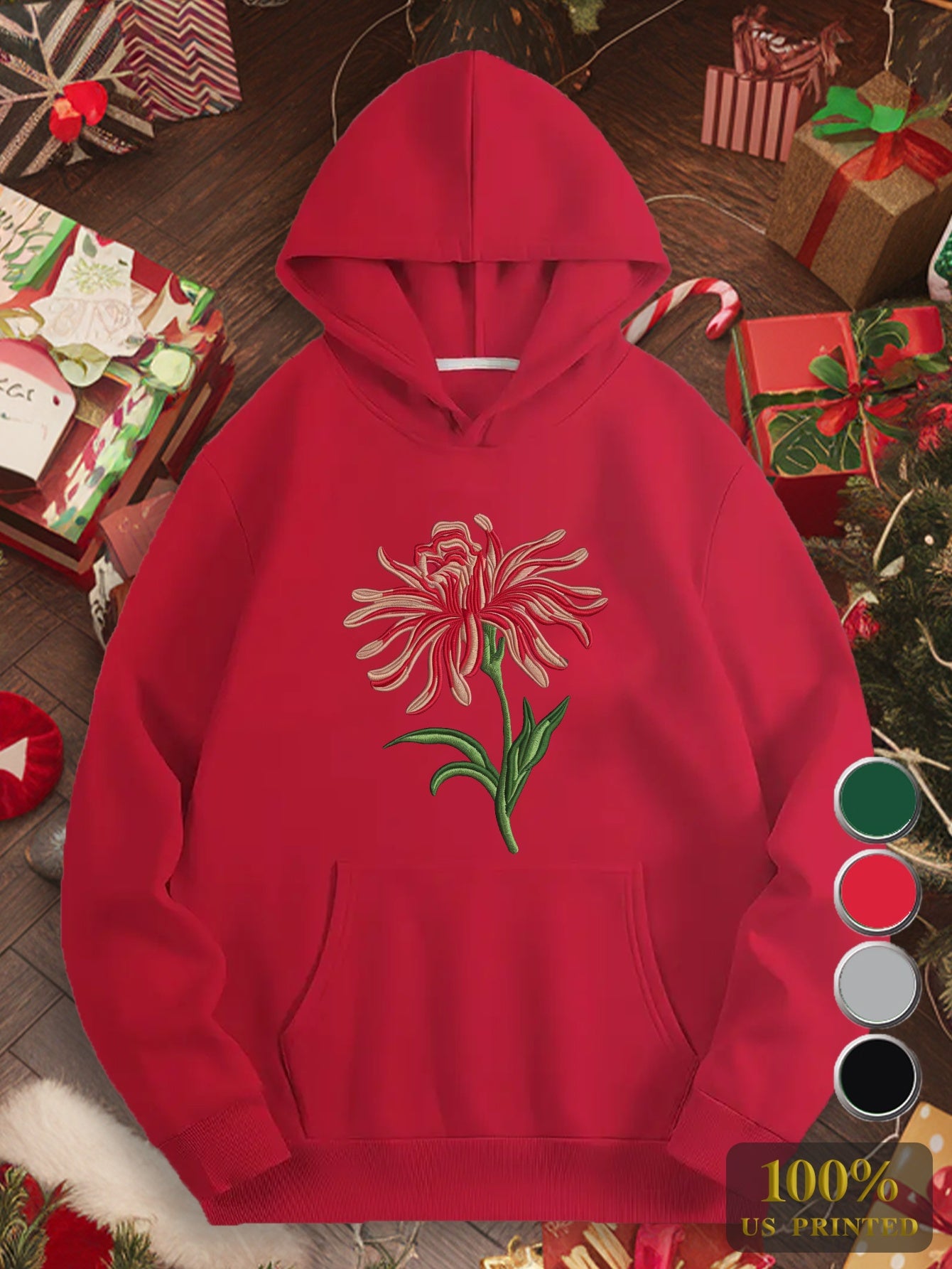 Red flower embroidery design Women's plus size hoodies