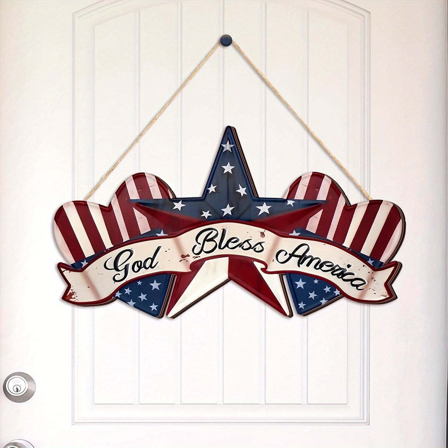 [Patriotic Wall Hangings] Patriotic 2D Flat Rustic Wooden 'God Bless America' Wall Hangings 11.81x6.49in | 4th of July Star and Heart Pendant with Rope, Farmhouse Style Holiday Decoration for Home Porch or Garden, Memorial Da