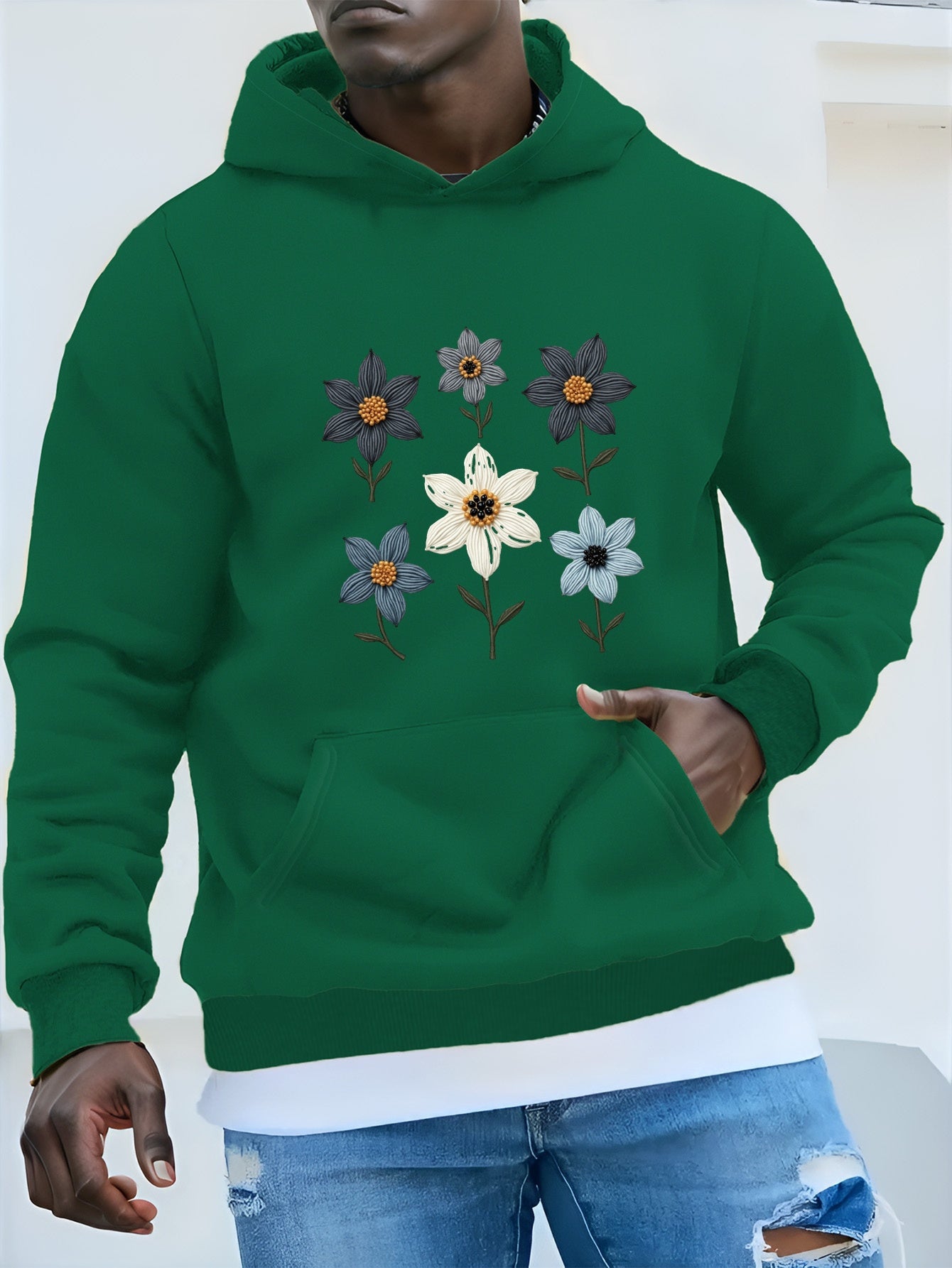 Men's Casual Hoodie with Embroidered Floral Design, Beaded Accents & Geometric Pattern - Black with Blue & Orange Flowers, Front Pockets, Machine Washable, Autumn/Winter Wear, Essential Hoodie