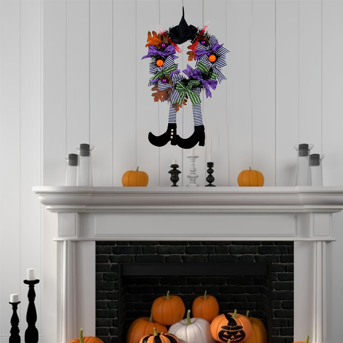 Halloween Wreath, Halloween Witch Decorations, Halloween Door Decor Garden Hanging Witch Garland Pendant with Witch Hat Legs for Front Door, Witch Wreath