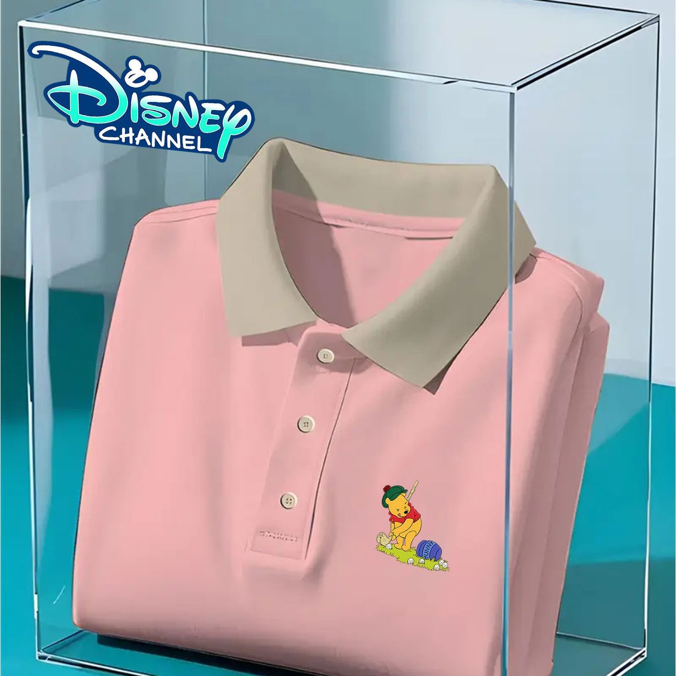 [Disney Authorized] Men's classic shirt, Winnie the Pooh playing golf pattern print, high-end casual business golf shirt, short-sleeved collar, quick-drying and breathable, perfect gift for husband and friends.