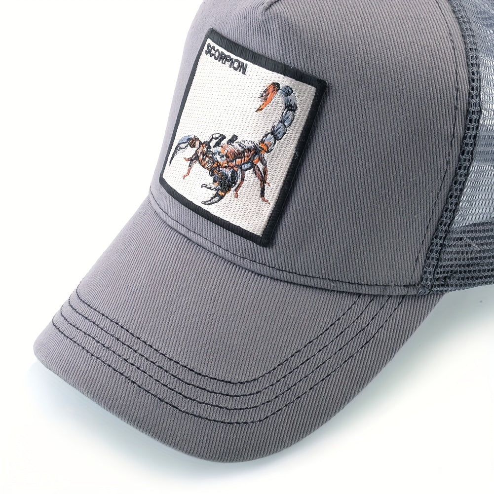Unisex Embroidered Scorpion Baseball Cap - Breathable Mesh Trucker Hat for Outdoor Sports & Hip-Hop Style, Summer Casual Wear, Black & Beige Design with Bold 