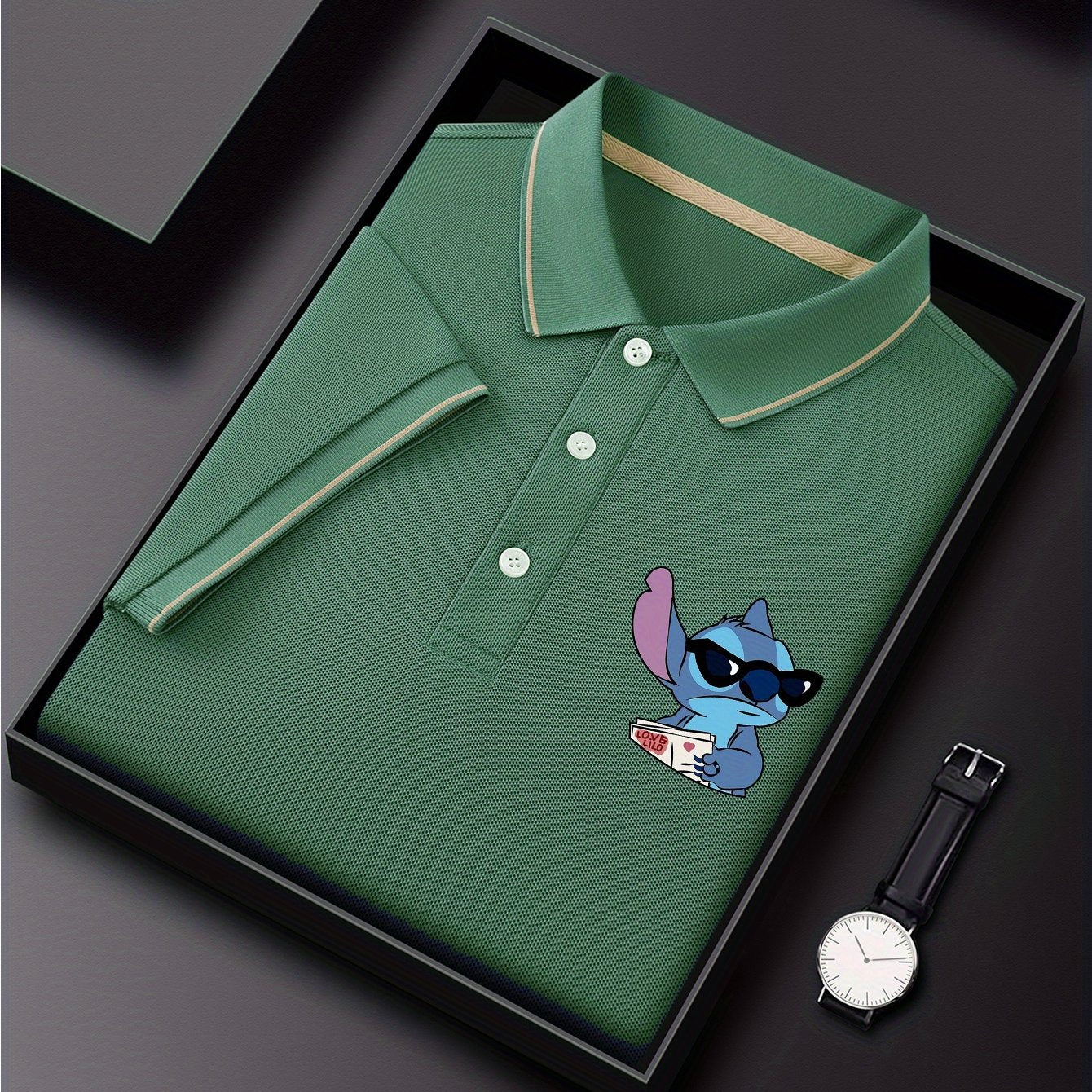 Disney Stitch Cool Glasses Print Short Sleeve Polo Shirt, Premium Business Casual, Short Sleeve Color Blocked Collar Design, Lightweight Polyester, Quick Drying and Breathable Golf Shirt, Polo Shirt, Displayed in Gift Box, Fa