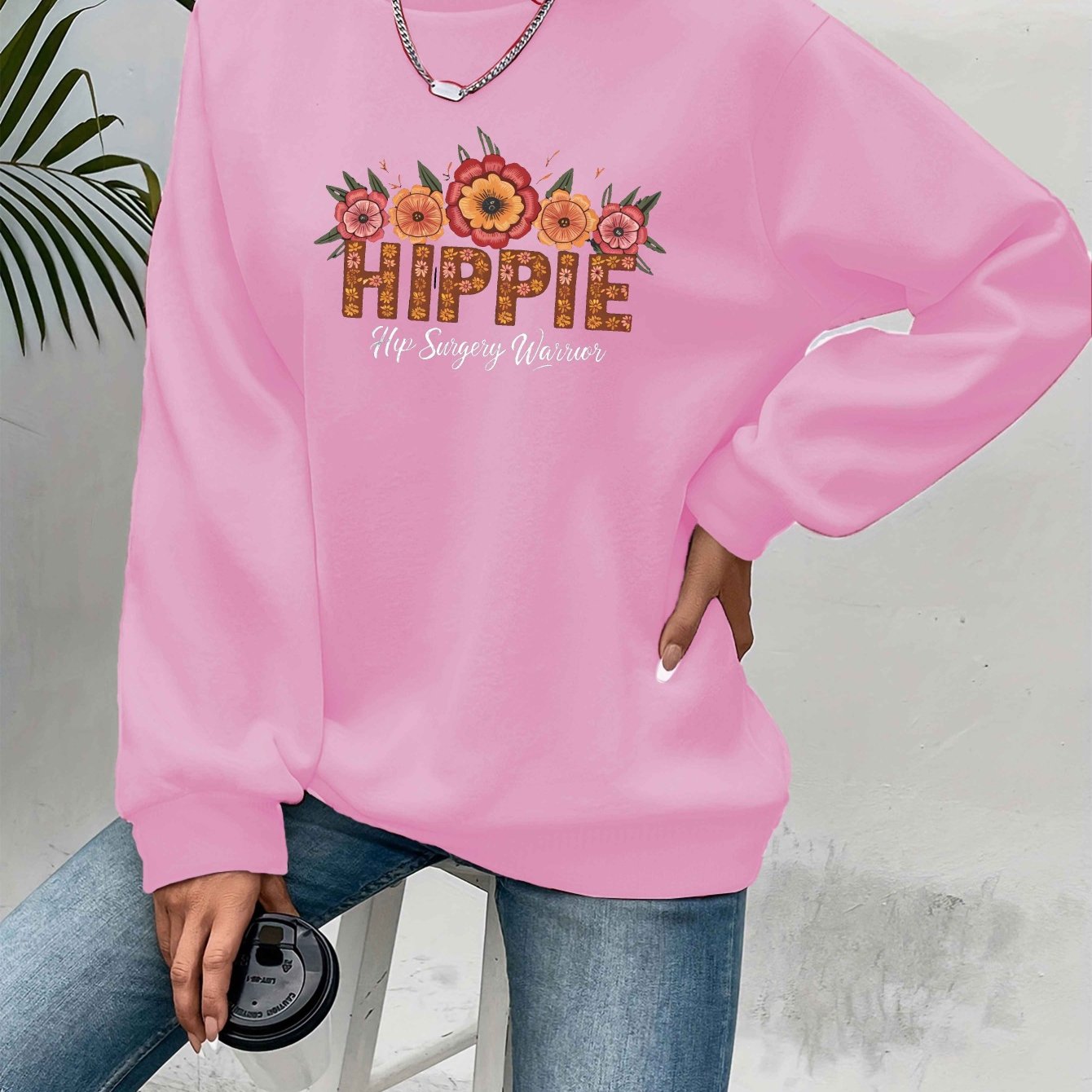 [Relaxed Style] Women's Hippie Warrior Sweatshirt - Cozy Gray Long Sleeve Crewneck with Colorful Floral and Geometric Embroidery, Casual Fall/Winter Polyester Pullover, Clothing Top | Floral Top | Glossy Fabric, Hippie Clothe