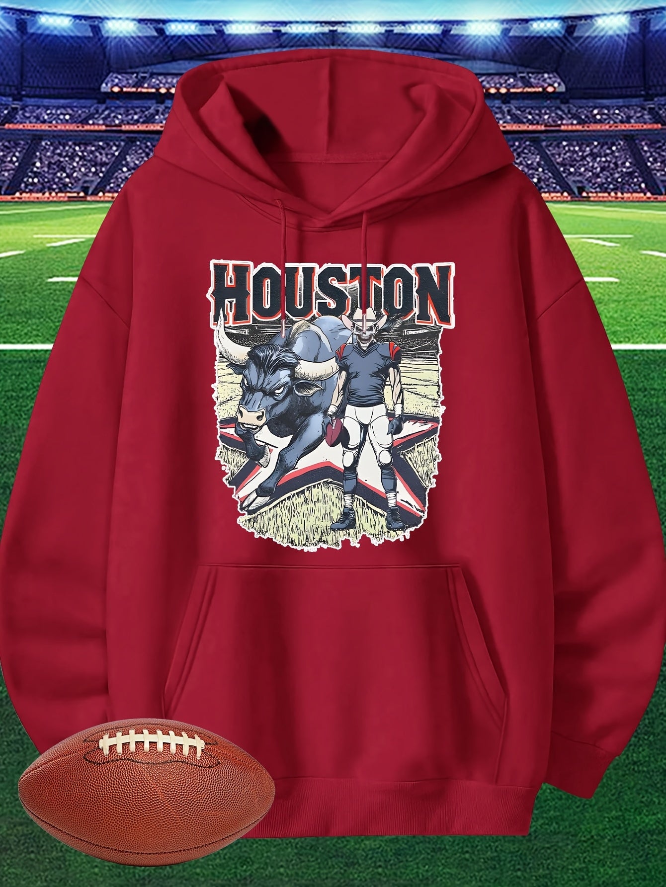 Men's Houston Football Hoodie - Red Long Sleeve Sweatshirt with Cartoon Player Design, Casual Pullover for Fans, Lightweight 280g, Perfect for Game Day or Casual Attire