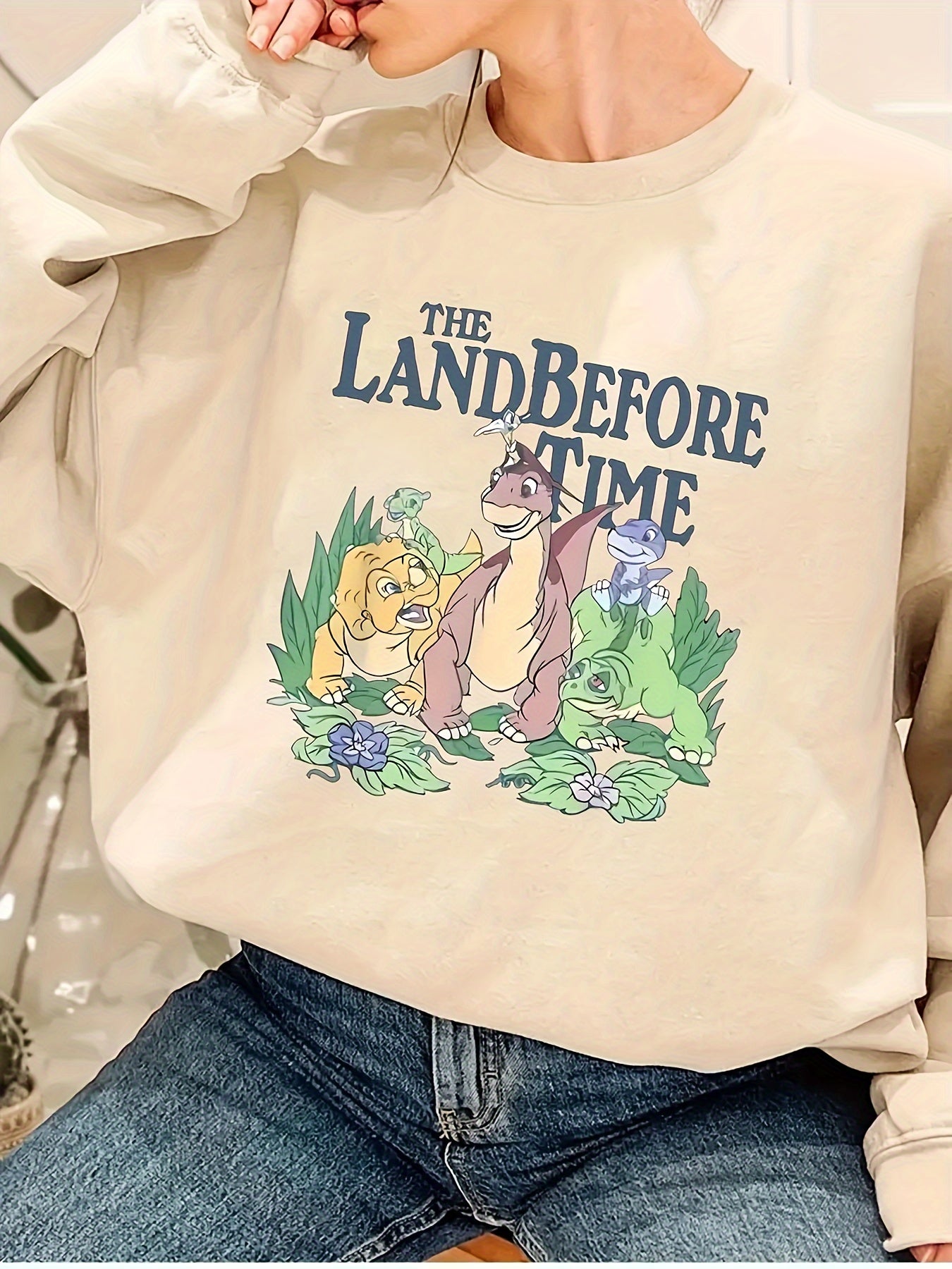 [Bangly Charm Dinosaur Sweatshirt] Bangly Charm Women's Casual Dinosaur Graphic Sweatshirt | Trendy Color Block Print, Polyester, Crew Neck, Long Sleeve, Slight Stretch, All-Season Pullover