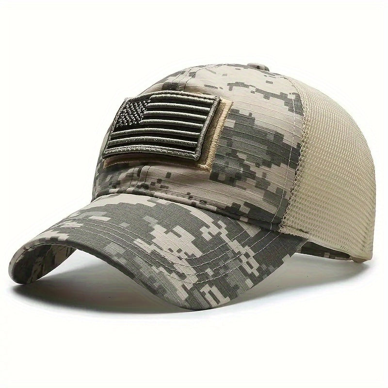 Quick-Dry Breathable Polyester Tactical Camo Baseball Cap - Adjustable Button Closure, American Flag Patch, Sun Protection - Independence Day, Hiking, Fishing & Outdoor Adventures