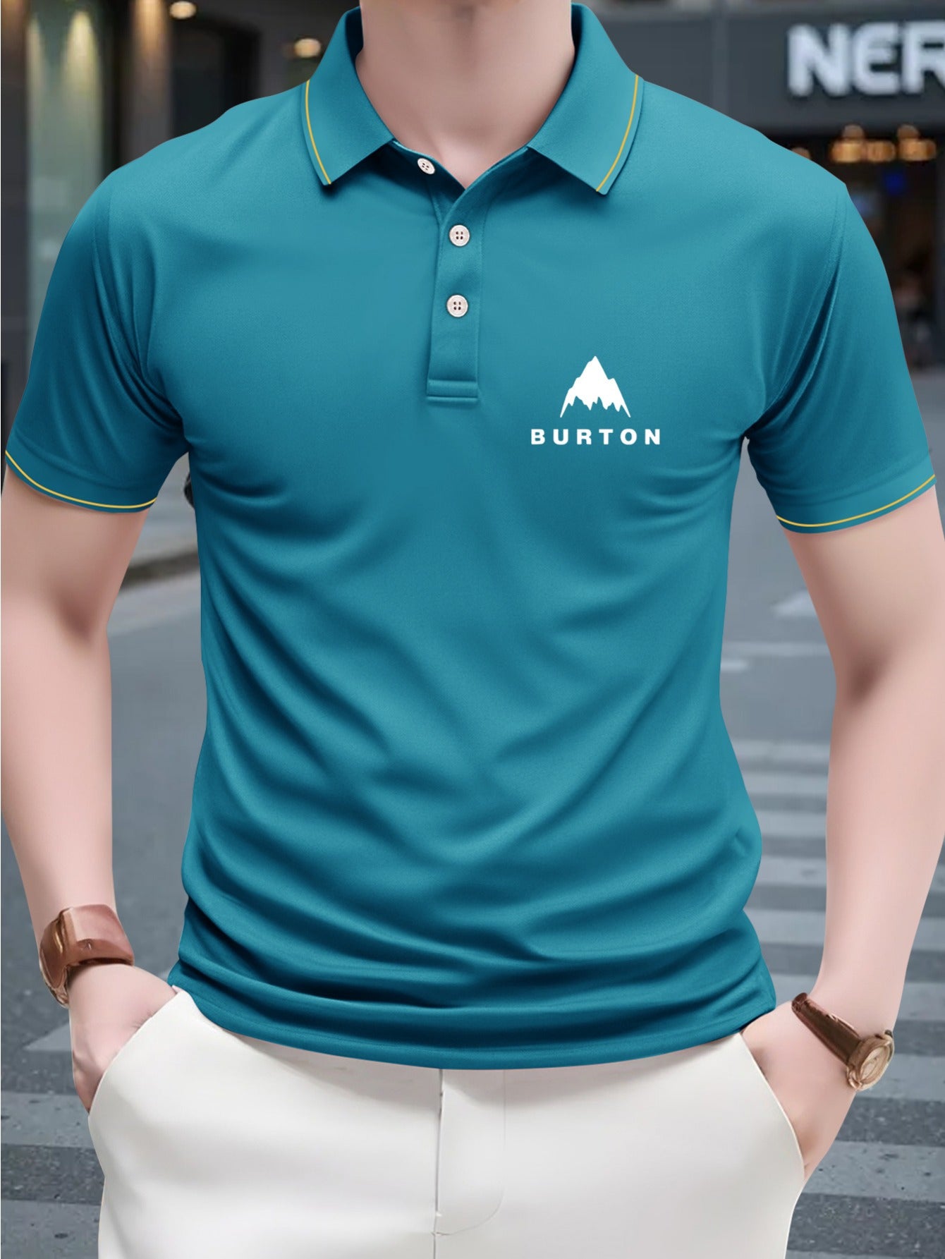 1pc Burton Men's Shirt - 230g Breathable Polyester, Light Beige-Friendly Soft, Geometric Mountain Logo Print, Green with White Collar & Yellow Trim, Regular Fit Short Sleeve for Golf & Casual Outings, Summer Apparel, Classic