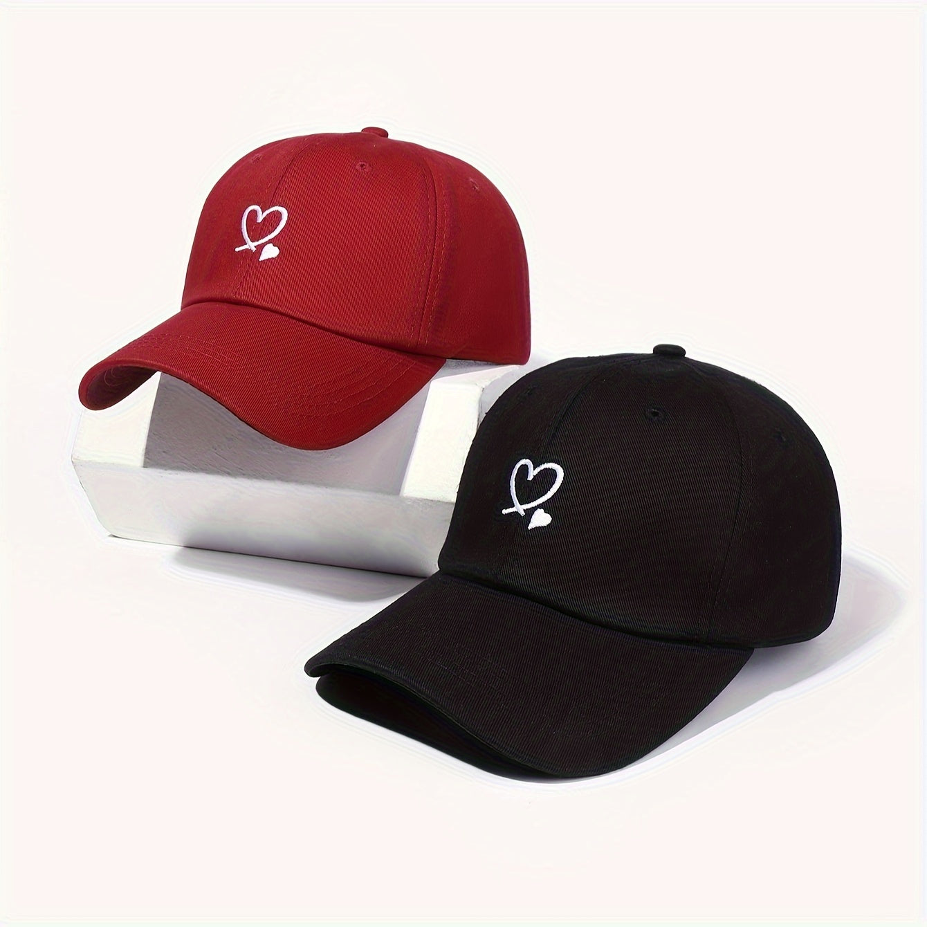 Unisex Embroidered Adjustable Sun Protection 2pcs Double Heart Baseball Caps - Woven Fabric, Hand Wash/Dry Clean, Holiday Theme Outdoor Leisure Hats, Casual Headgear | Adjustable Caps | Structured Cap