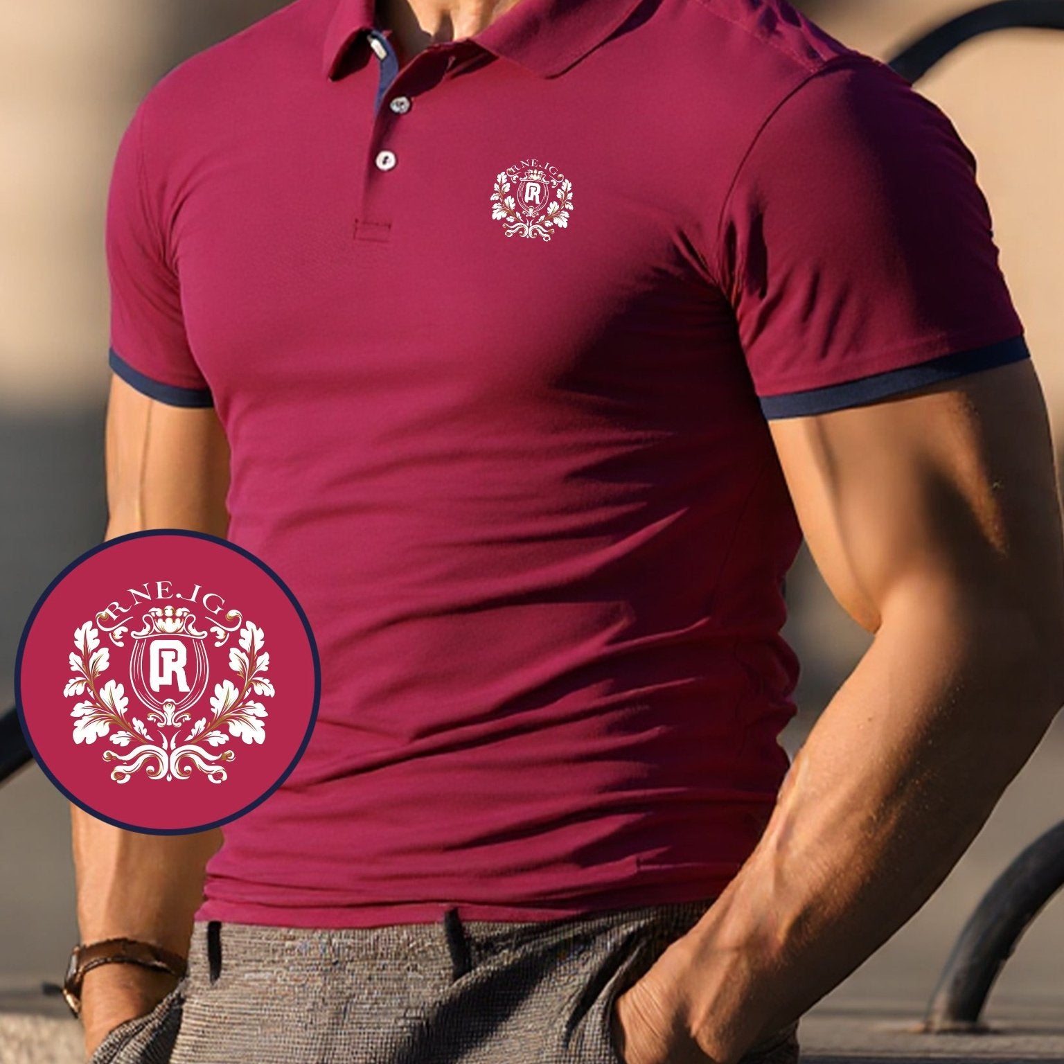 Men's Summer Short-Sleeve Shirt - Breathable Knit Fabric with Geometric Badge Pattern, Sweat Absorbent Casual Sportswear, Regular Fit Button-Up Collar for Outdoor, Parties & Casual Attire, Outdoor Activities, Stylish Sportswe