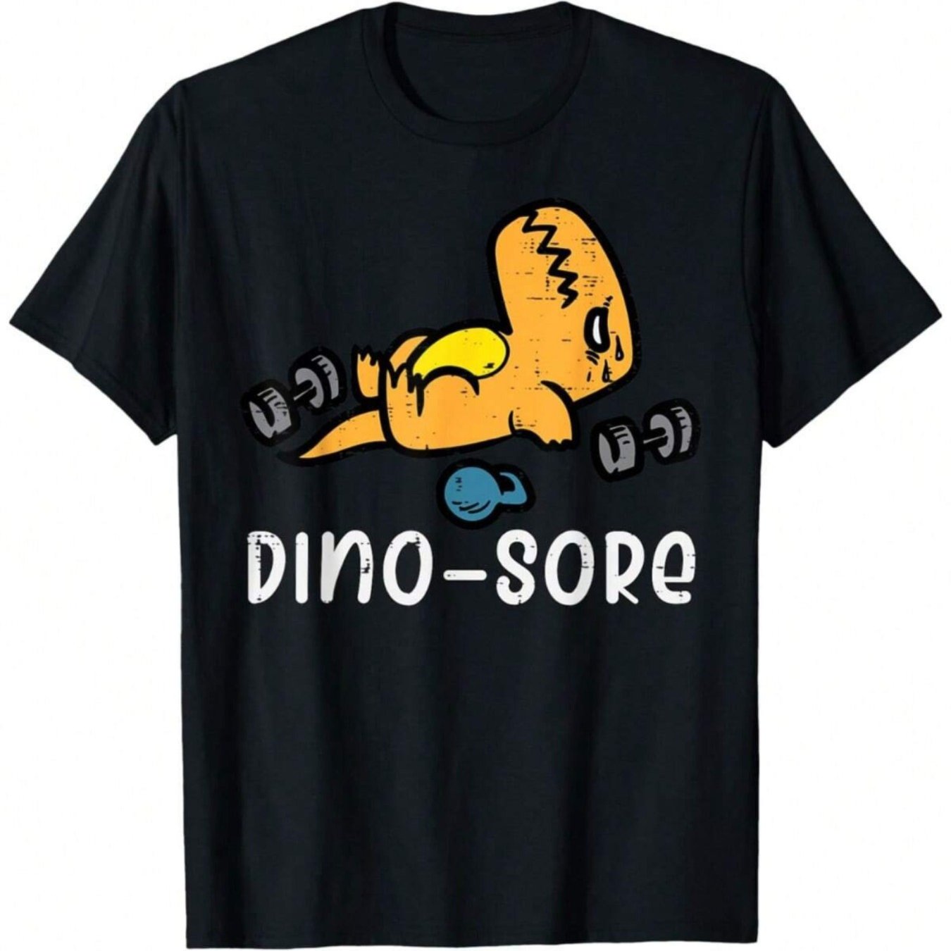 [Men's Dino-Sore T-Shirt] Soft Cotton Men's Funny Gym T-Shirt - Dino-Sore | Breathable, Short Sleeve, Black with Cartoon Dinosaur Weightlifting Design | Ideal for Workouts & Casual Wear, Summer Tshirt, Fun Slogan Shirt