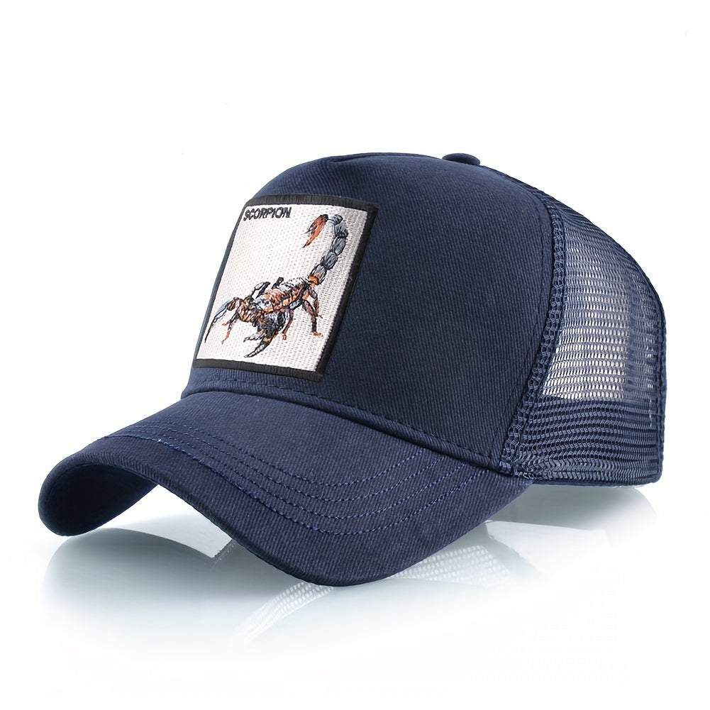 Unisex Embroidered Scorpion Baseball Cap - Breathable Mesh Trucker Hat for Outdoor Sports & Hip-Hop Style, Summer Casual Wear, Black & Beige Design with Bold 