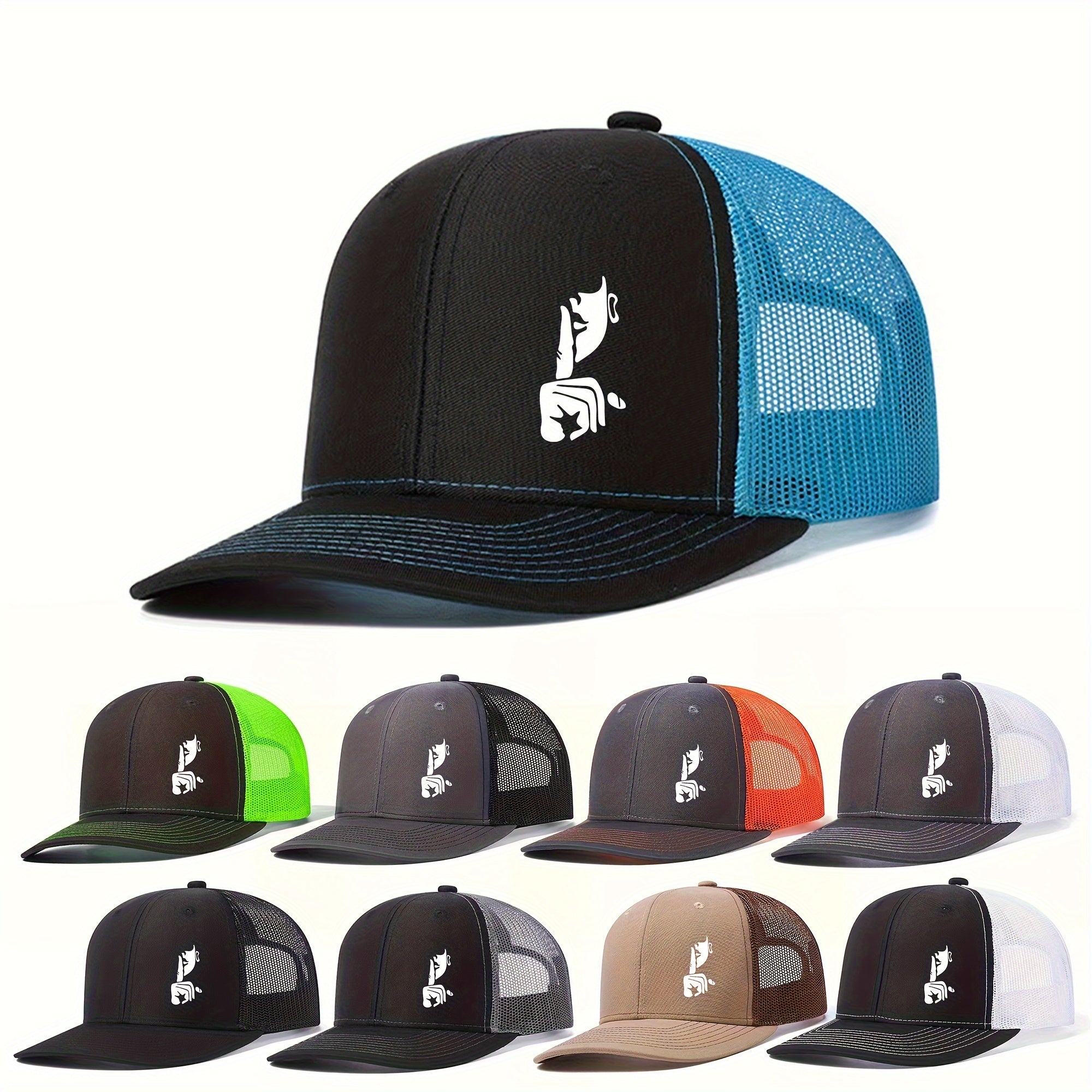 Finger Print Mesh Trucker Baseball Cap for Men & Women - Lightweight Breathable Two-Tone Design, 6 Colors (Black/Blue, Green, Grey, Orange, Brown, Tan), Sports Cap | Trendy Baseball Cap | Structured Cap