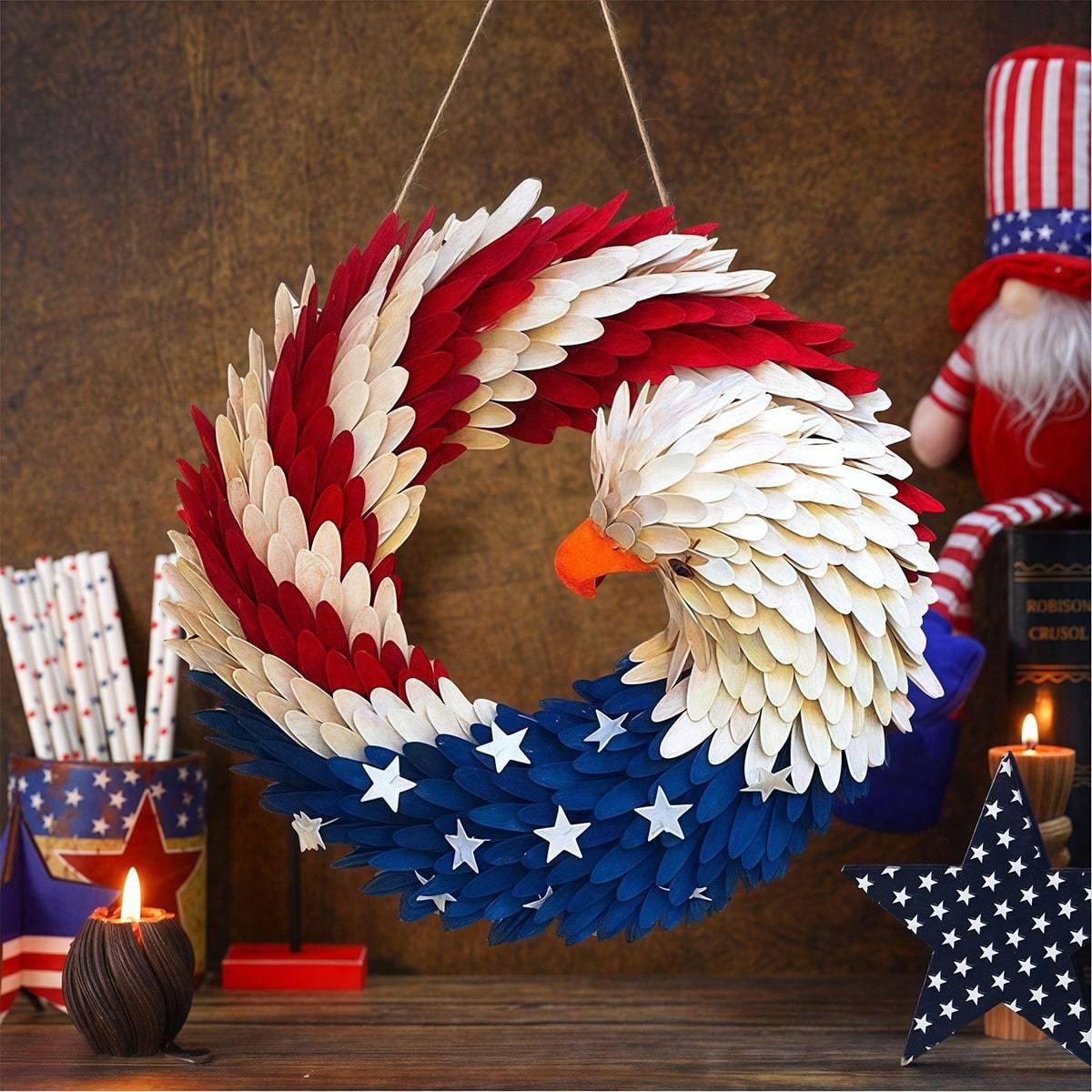 2D Wooden Eagle Wreath for Front Door - Patriotic Stars & Stripes Design, Weatherproof Outdoor/Indoor Decoration, 4th of July Independence Day Decor, No Electricity Needed, Durable Plastic & Fabric Craft