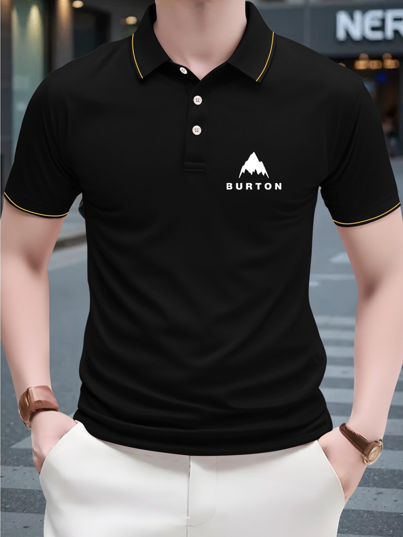 1pc Burton Men's Shirt - 230g Breathable Polyester, Light Beige-Friendly Soft, Geometric Mountain Logo Print, Green with White Collar & Yellow Trim, Regular Fit Short Sleeve for Golf & Casual Outings, Summer Apparel, Classic