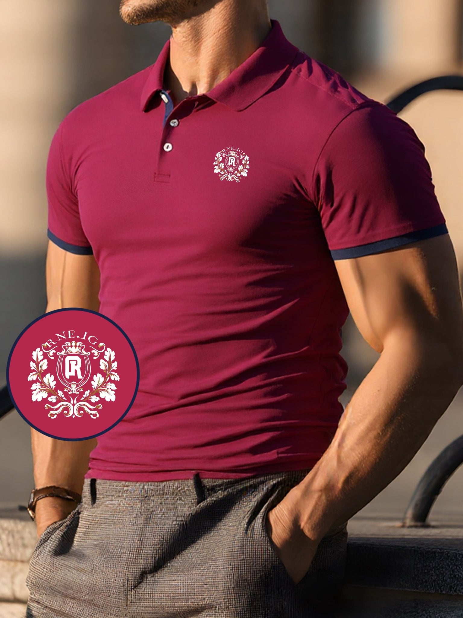Men's Summer Short-Sleeve Shirt - Breathable Knit Fabric with Geometric Badge Pattern, Sweat Absorbent Casual Sportswear, Regular Fit Button-Up Collar for Outdoor, Parties & Casual Attire, Outdoor Activities, Stylish Sportswe