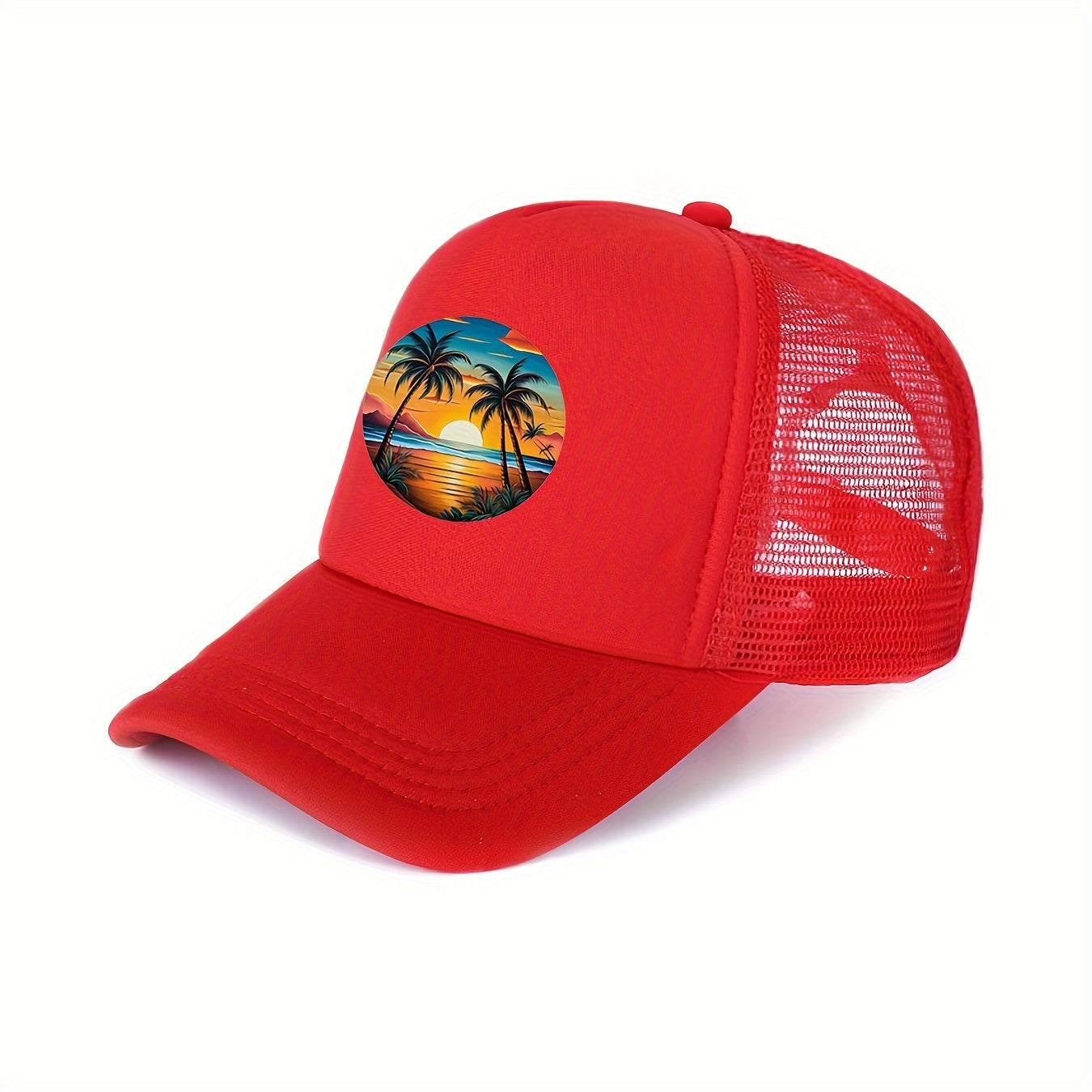 Unisex Tropical Sunset Print Trucker Cap - Adjustable Breathable Mesh Back Baseball Hat for Outdoor Activities