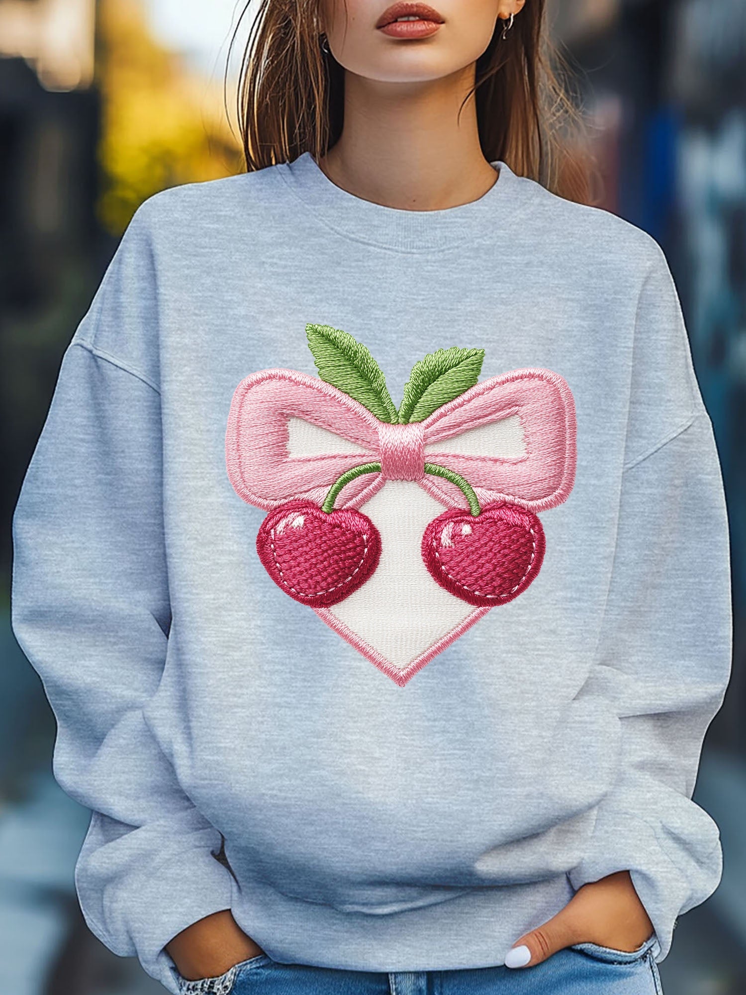 Women's Cherry Love Heart Bow Embroider Print Sweatshirt Pullover - Fall Loose Fit Long Sleeve Crew Neck Casual Comfy Cotton Knit Top with Floral Print, Machine Washable, Cute Style for Autumn/Winter