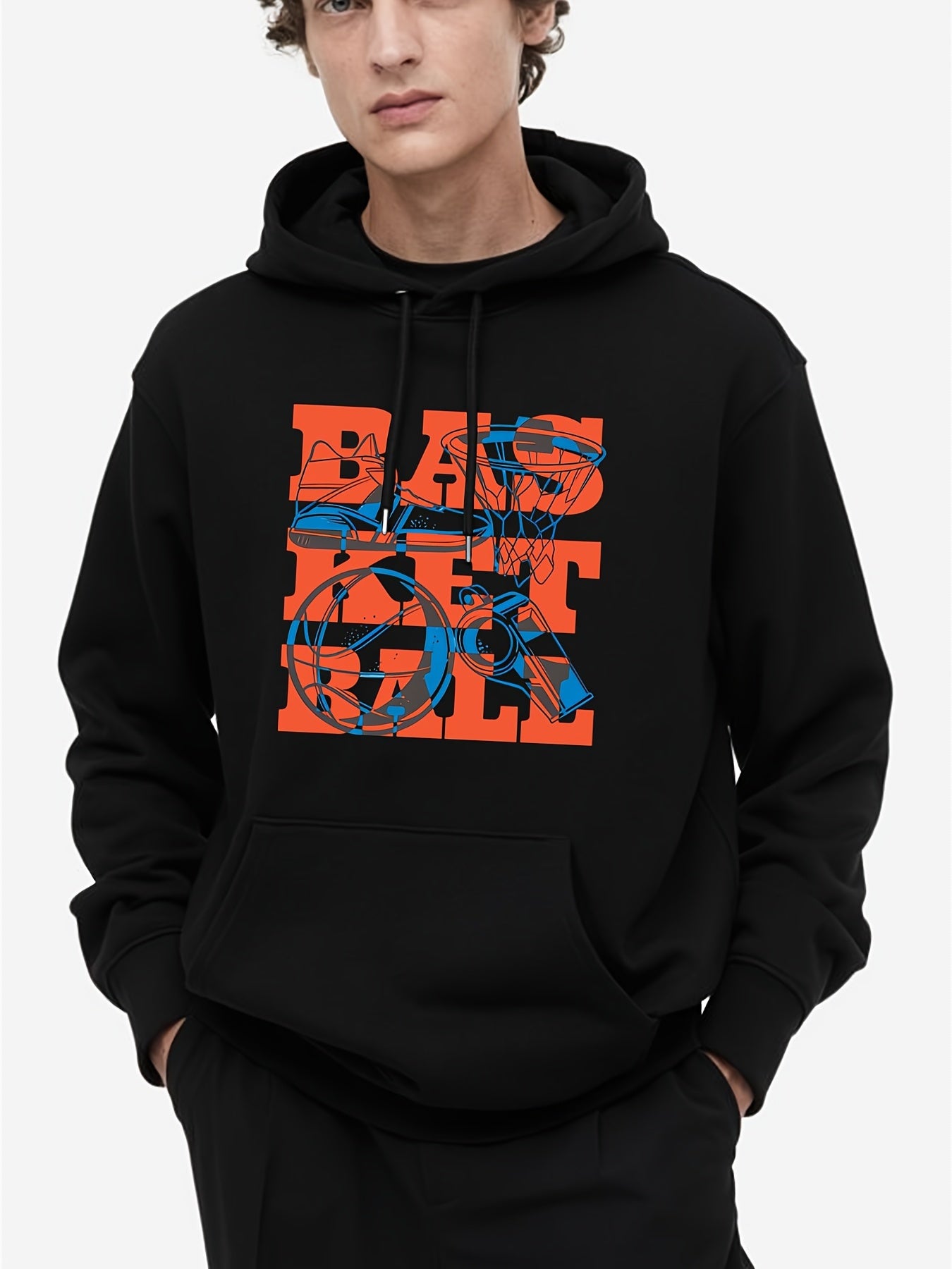Basketball Pattern, Men'S Trendy Comfy Hoodie, Casual Slightly Stretch Breathable Hooded Sweatshirt For Outdoor