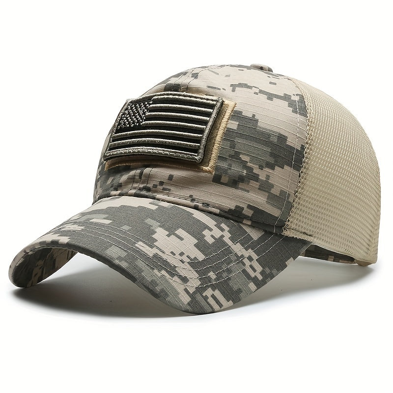 Quick-Dry Breathable Polyester Tactical Camo Baseball Cap - Adjustable Button Closure, American Flag Patch, Sun Protection - Independence Day, Hiking, Fishing & Outdoor Adventures