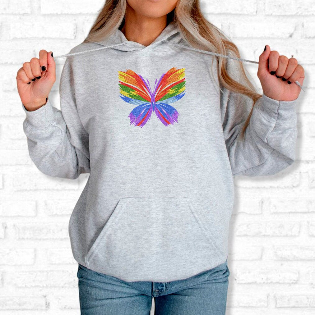 Rainbow Butterfly Embroidered Hoodie, Embroidered Butterfly Hoodie, Butterfly Hooded Sweatshirt Unisex, Butterfly Sweater Gift for Her!
