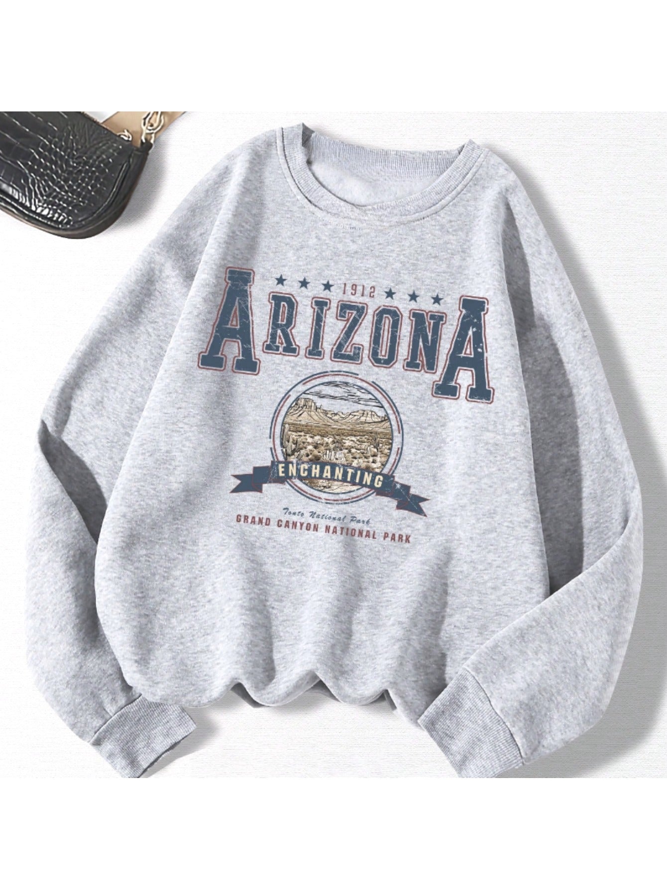 Women's Casual Crew Neck Sweater | Long Sleeve Pullover, Slogan Graphic 1912 ARIZONA ENCHANTING Tonto National Park GRAND CANYON NATIONAL PARK, Knit Grey Sweatshirt for Autumn/ Winter