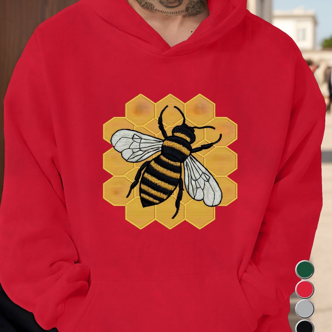 honeycomb detailed embroidered bee illustration men's hoodies
