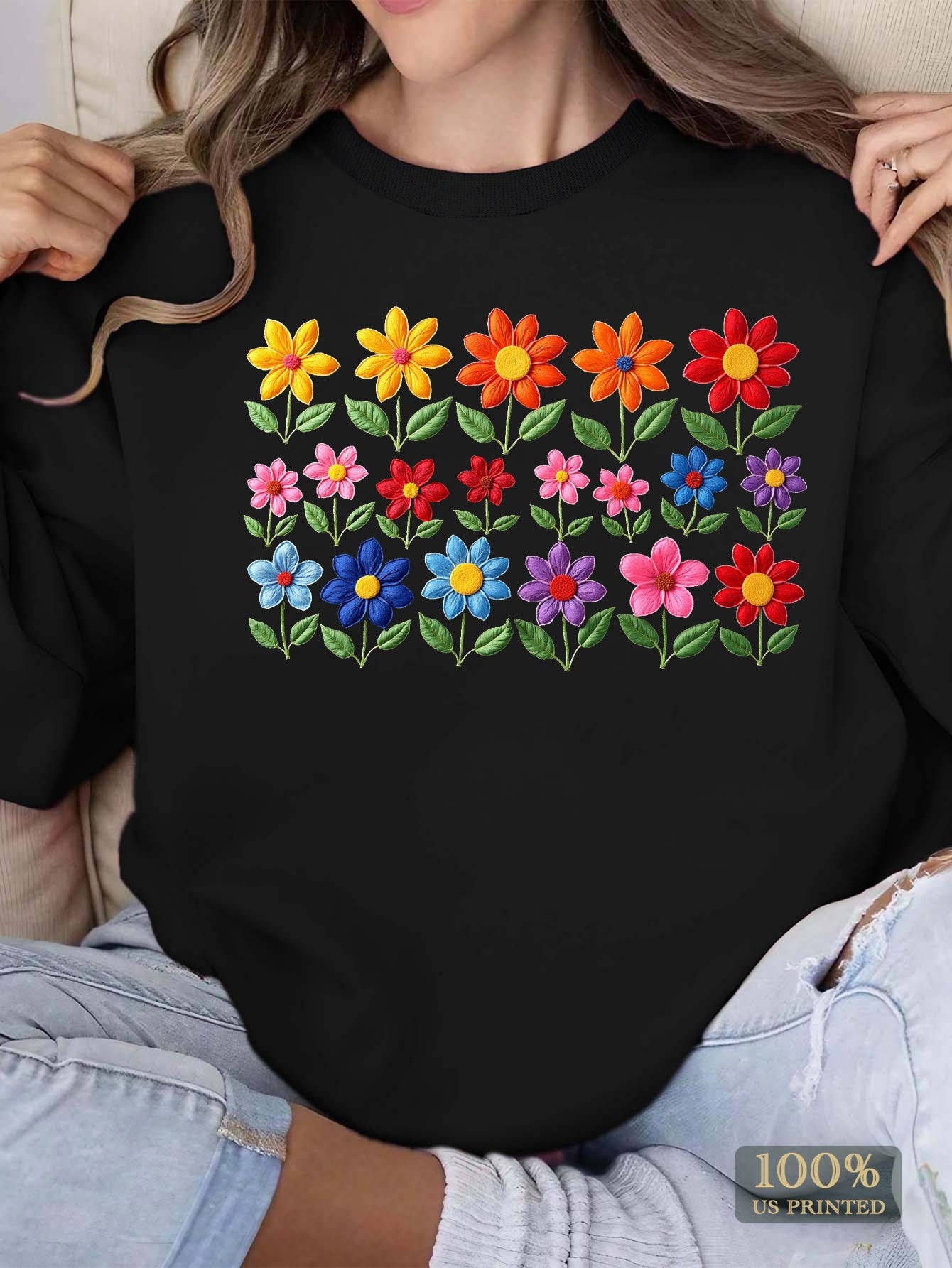Colorful embroidered flowers Women's plus size sweatshirt