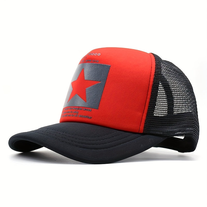 OKOIUM Breathable Mesh Trucker Cap with Star Patch - Adjustable Baseball Hat in Black, Yellow, Red, Blue, and White - Lightweight Sun Protection for Outdoor Sports, Golf, Fishing, and Casual Wear