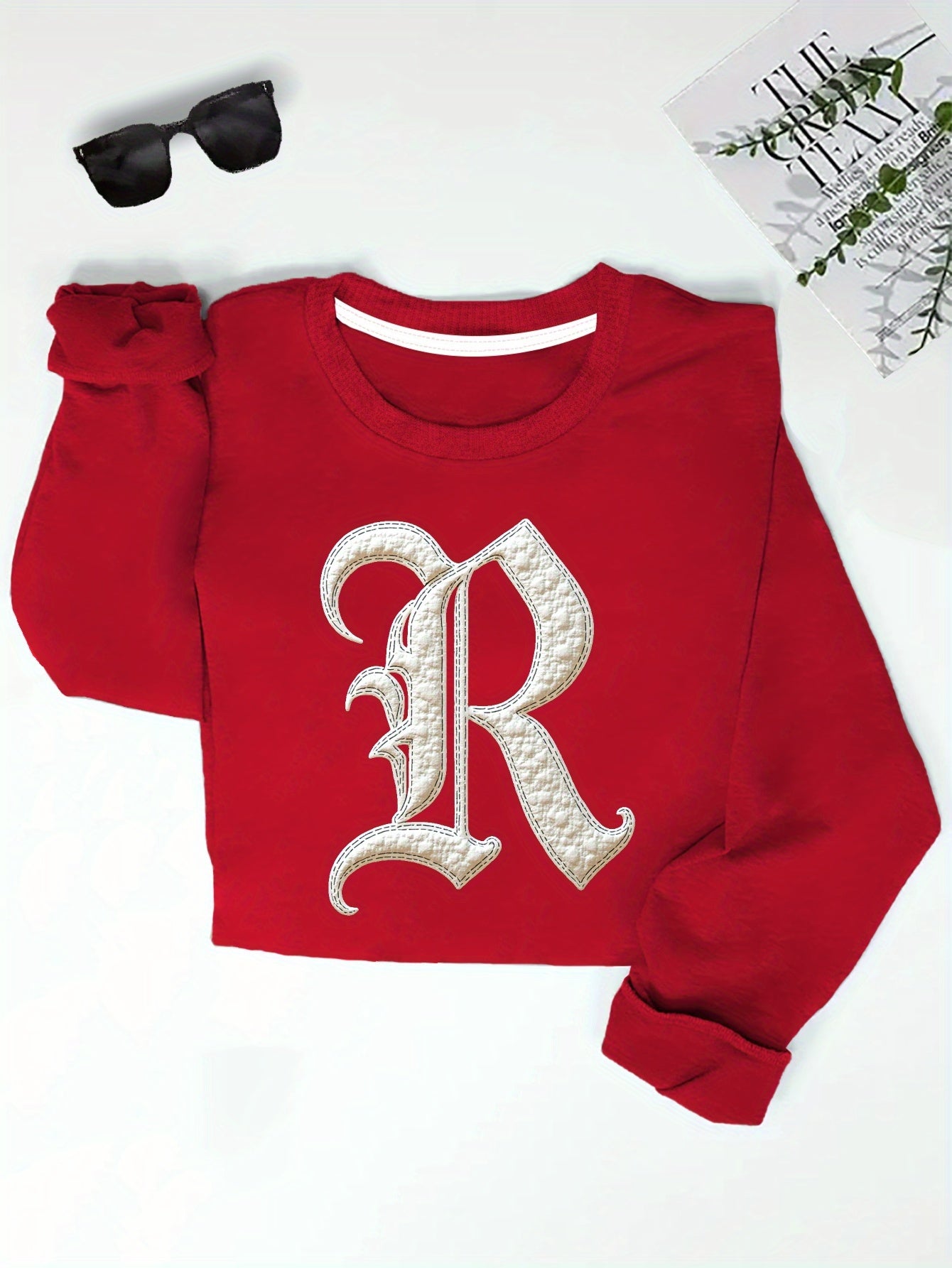Women'S Gothic Letter R Embroidered Sweatshirt, Casual Crew Neck Long Sleeve Pullover, Geometric Pattern, Regular Fit, Fall/Winter Collection, Cute Sweatshirts
