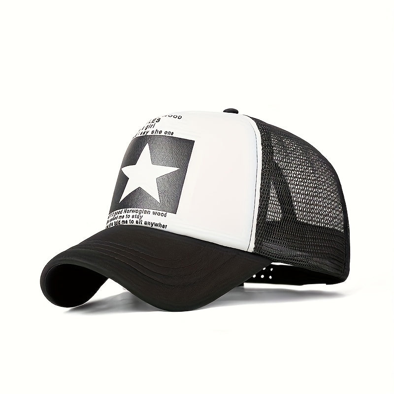 OKOIUM Breathable Mesh Trucker Cap with Star Patch - Adjustable Baseball Hat in Black, Yellow, Red, Blue, and White - Lightweight Sun Protection for Outdoor Sports, Golf, Fishing, and Casual Wear