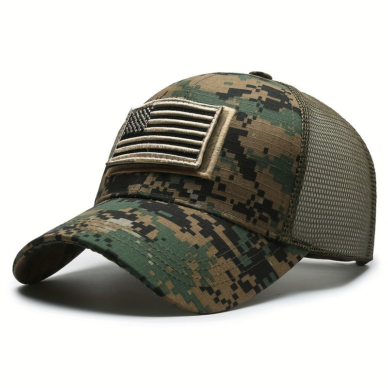 Quick-Dry Breathable Polyester Tactical Camo Baseball Cap - Adjustable Button Closure, American Flag Patch, Sun Protection - Independence Day, Hiking, Fishing & Outdoor Adventures