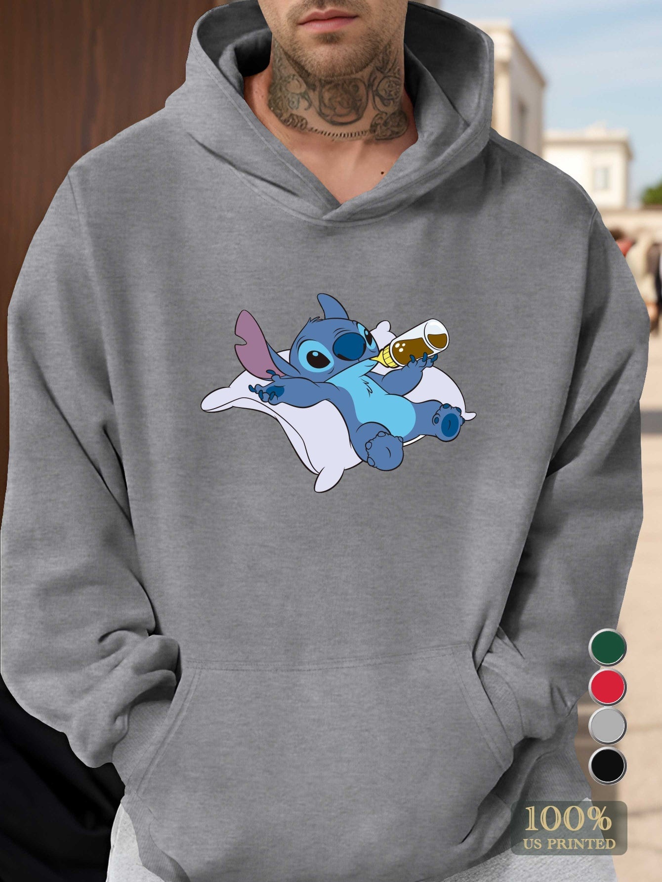 Disney Stitch Men's Hoodie - Official Stitch Graphic Pullover Sweatshirt, Loose Fit Hooded Sweatshirt for Adults, Fall/Winter Apparel (Green/Red/Black/Grey/) - Disney Fan Gift, Fall Season Apparel, Casual Winter Wear, Durable