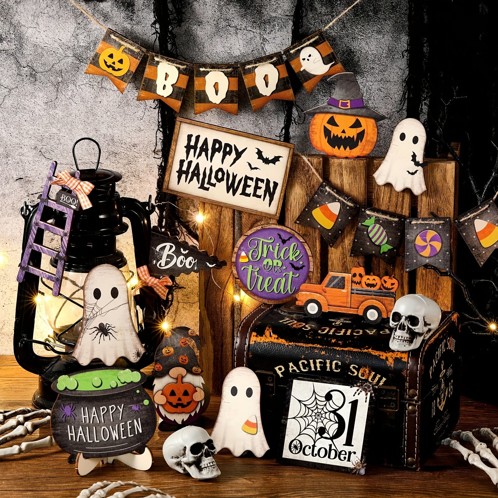 Halloween Tiered Tray Decor Set Happy Halloween Wooden Signs Rustic Table Centerpieces Farmhouse Decor For Home Table Kitchen, Tray Not Included (Pumpkin)